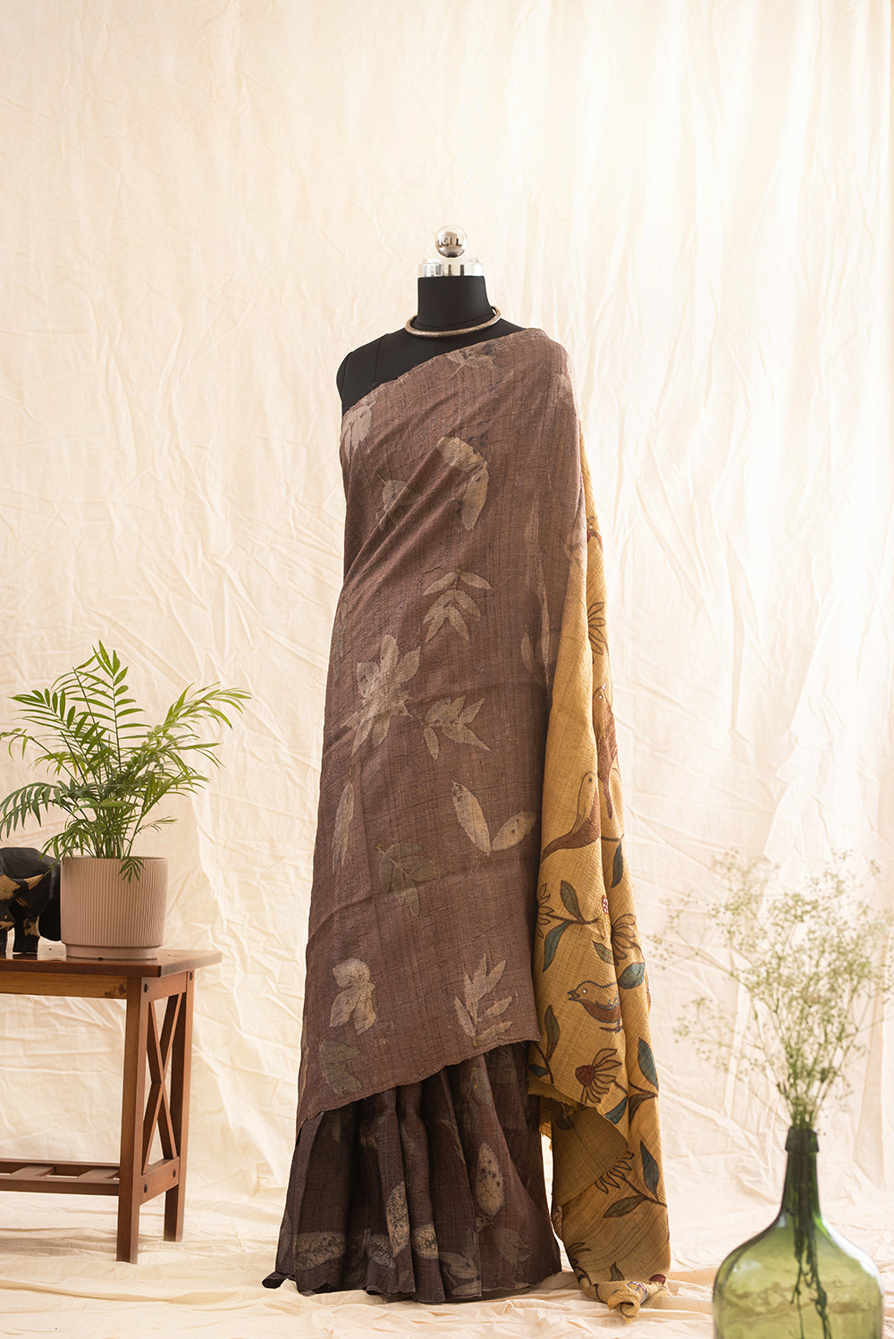 Brown Tussar Silk Eco Print and Hand Paint