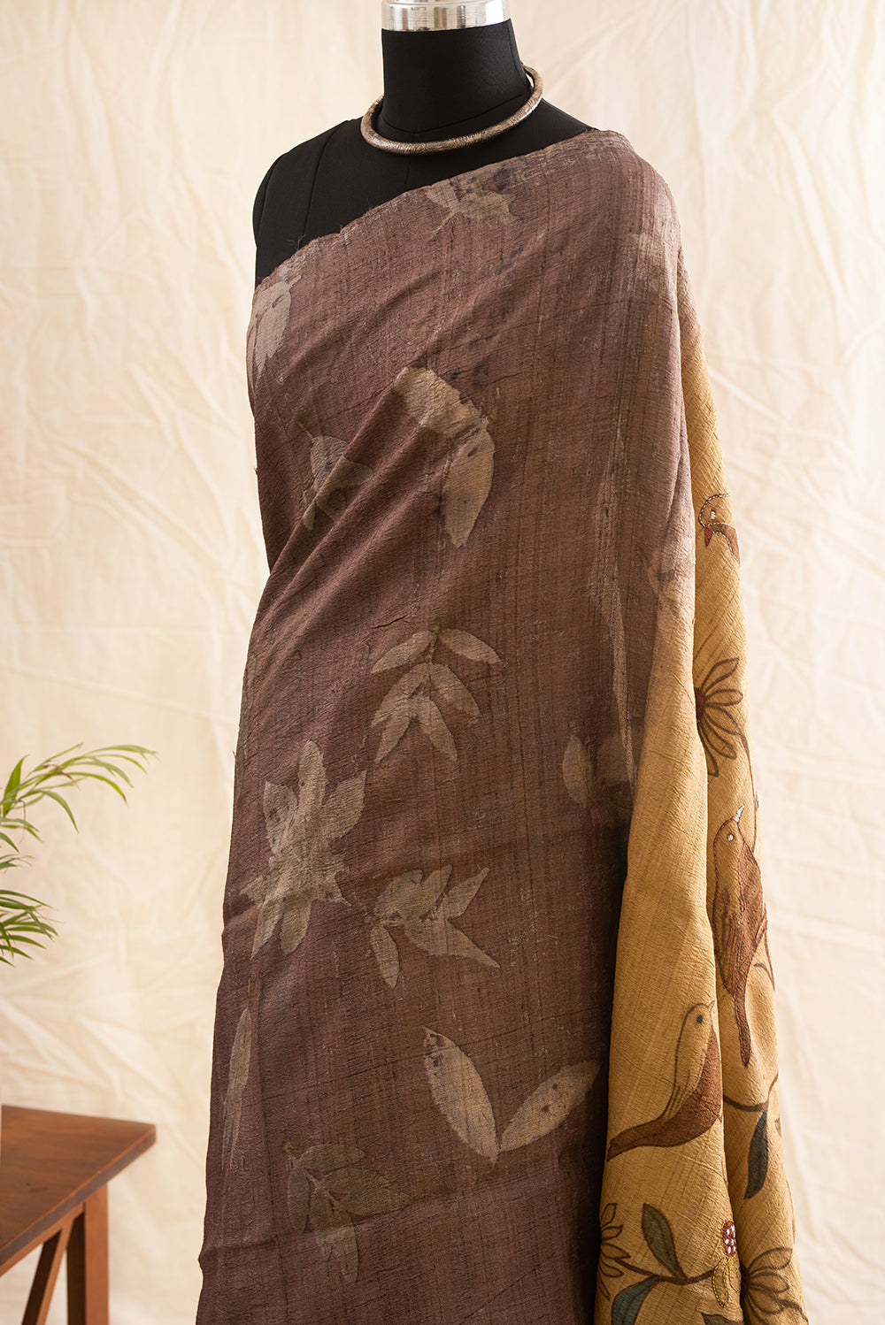 Brown & Beige Tussar Silk Eco Print and Hand Paint