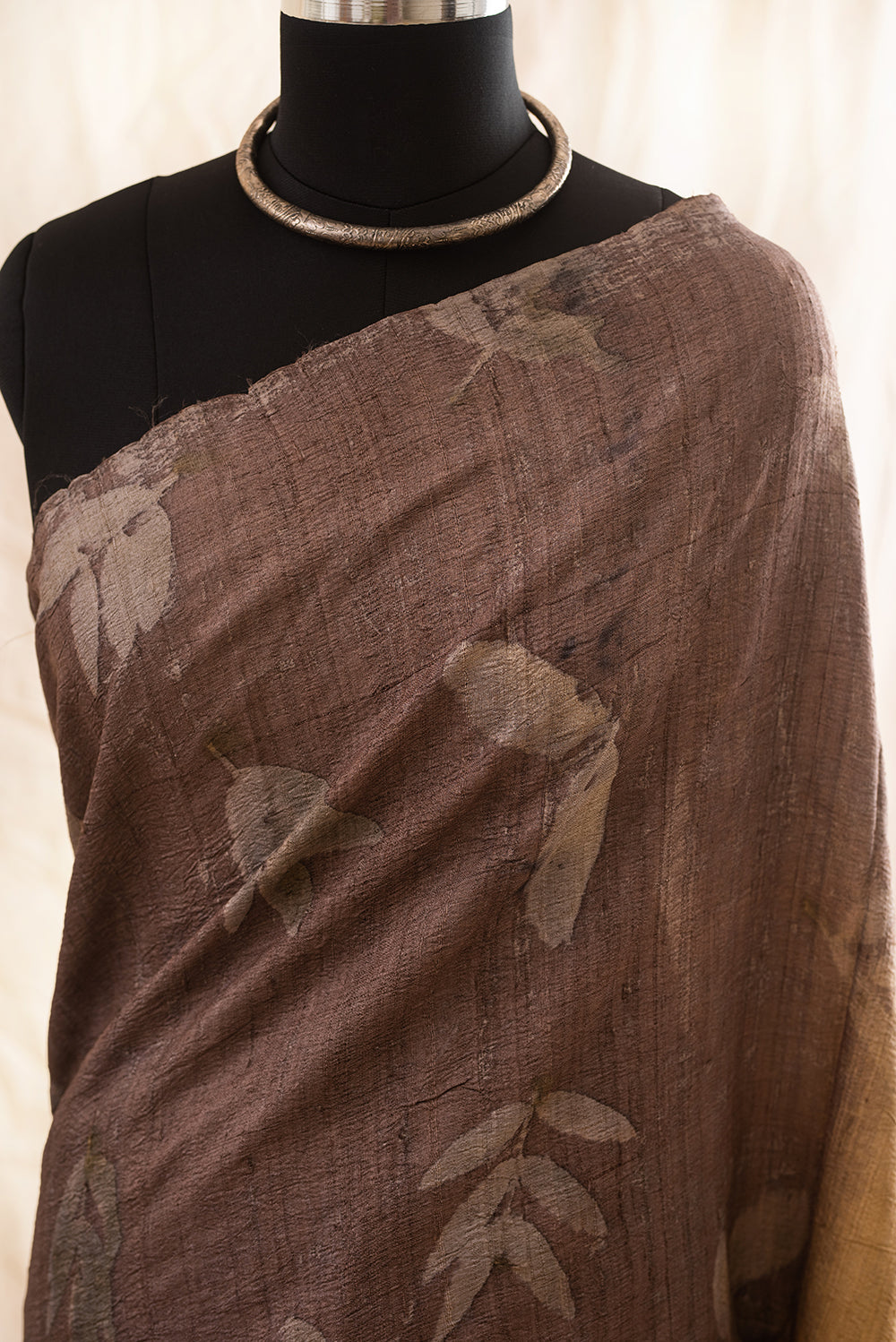 Brown & Beige Tussar Silk Eco Print and Hand Paint