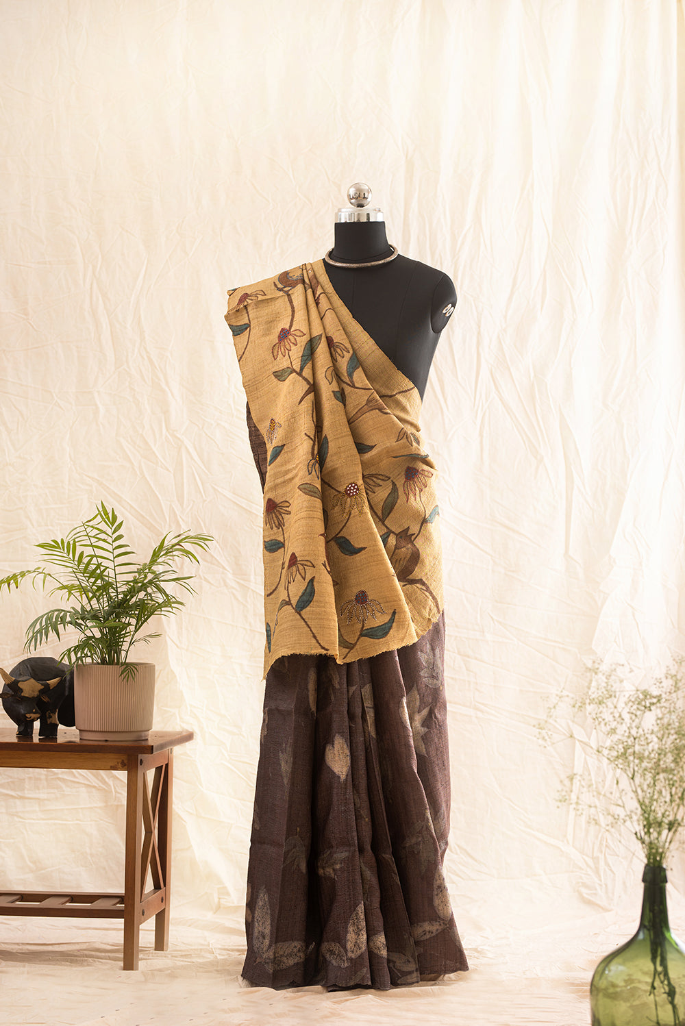 Brown & Beige Tussar Silk Eco Print and Hand Paint
