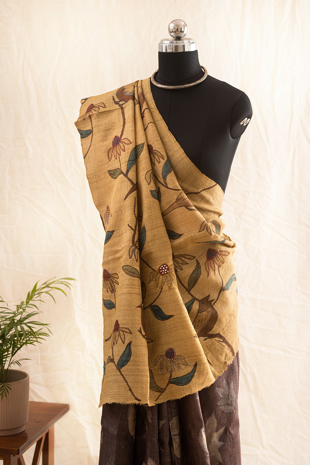 Brown & Beige Tussar Silk Eco Print and Hand Paint