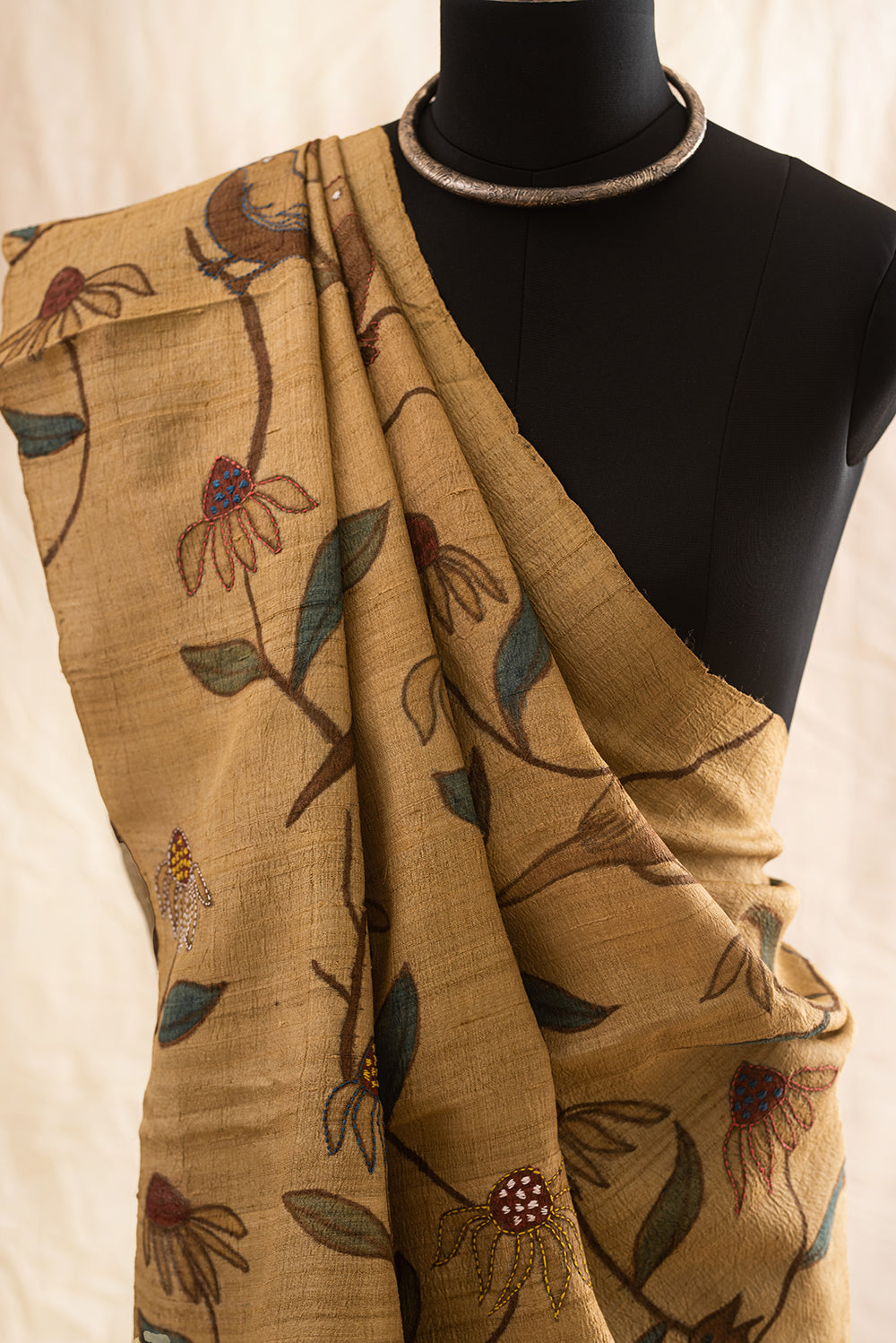 Brown & Beige Tussar Silk Eco Print and Hand Paint