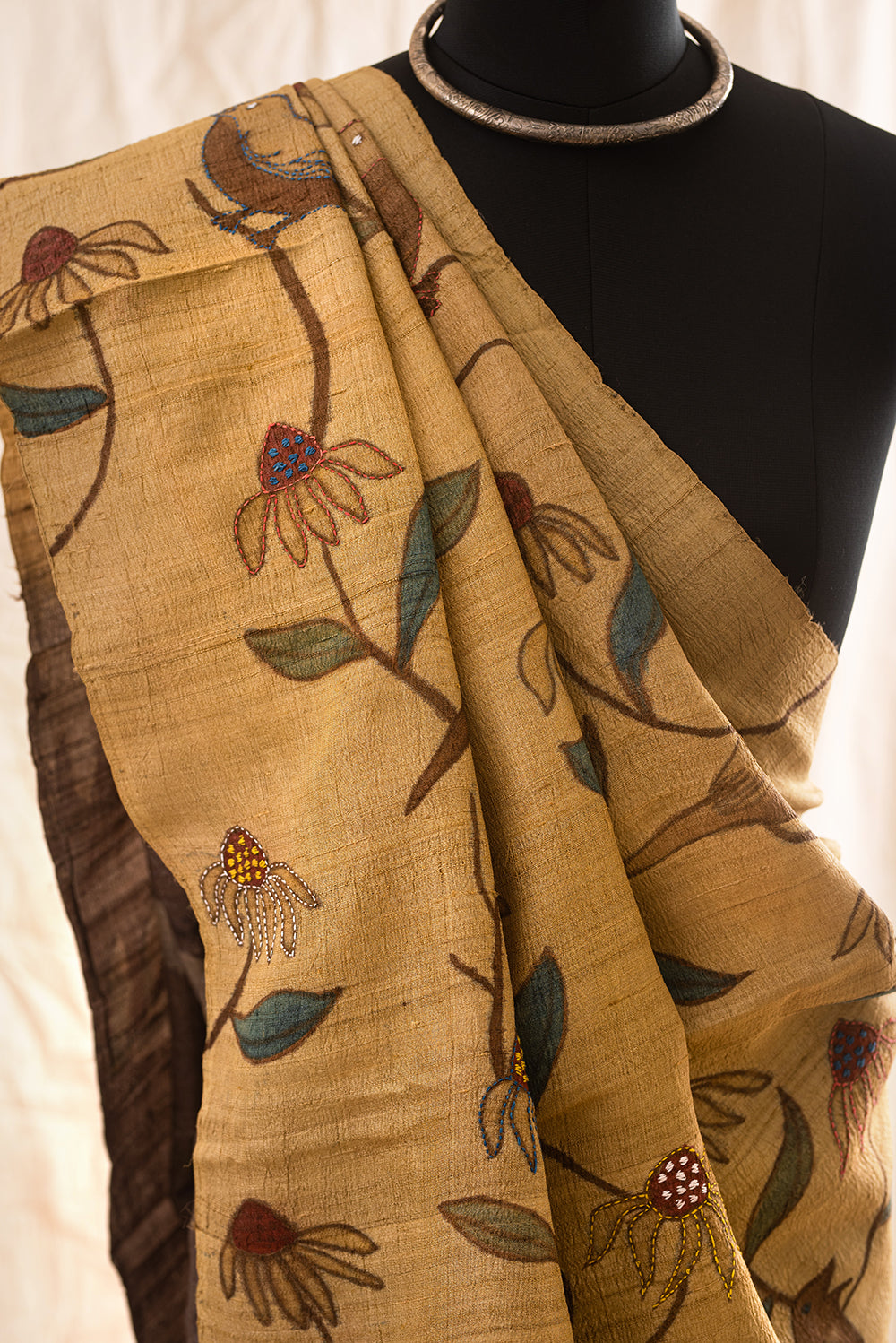 Brown & Beige Tussar Silk Eco Print and Hand Paint