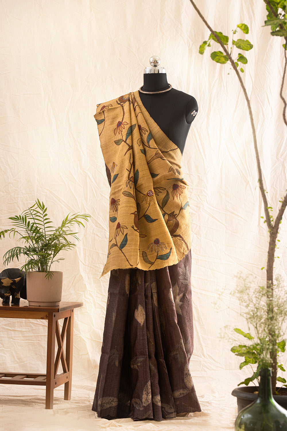 Brown & Beige Tussar Silk Eco Print and Hand Paint