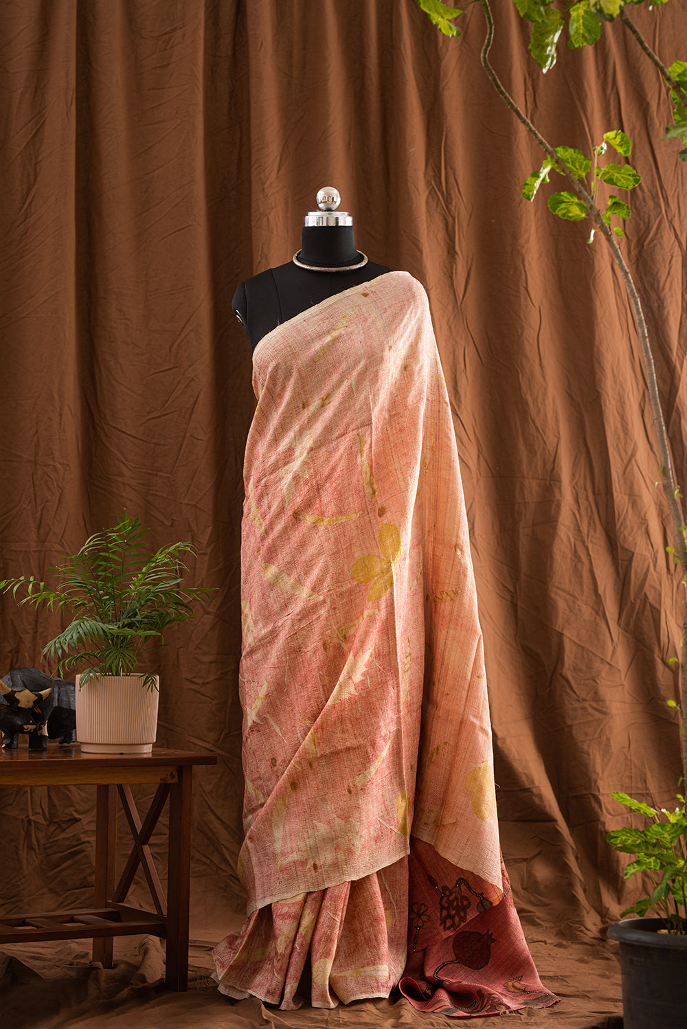 Light Mauve Tussar Silk Eco Print and Hand Paint