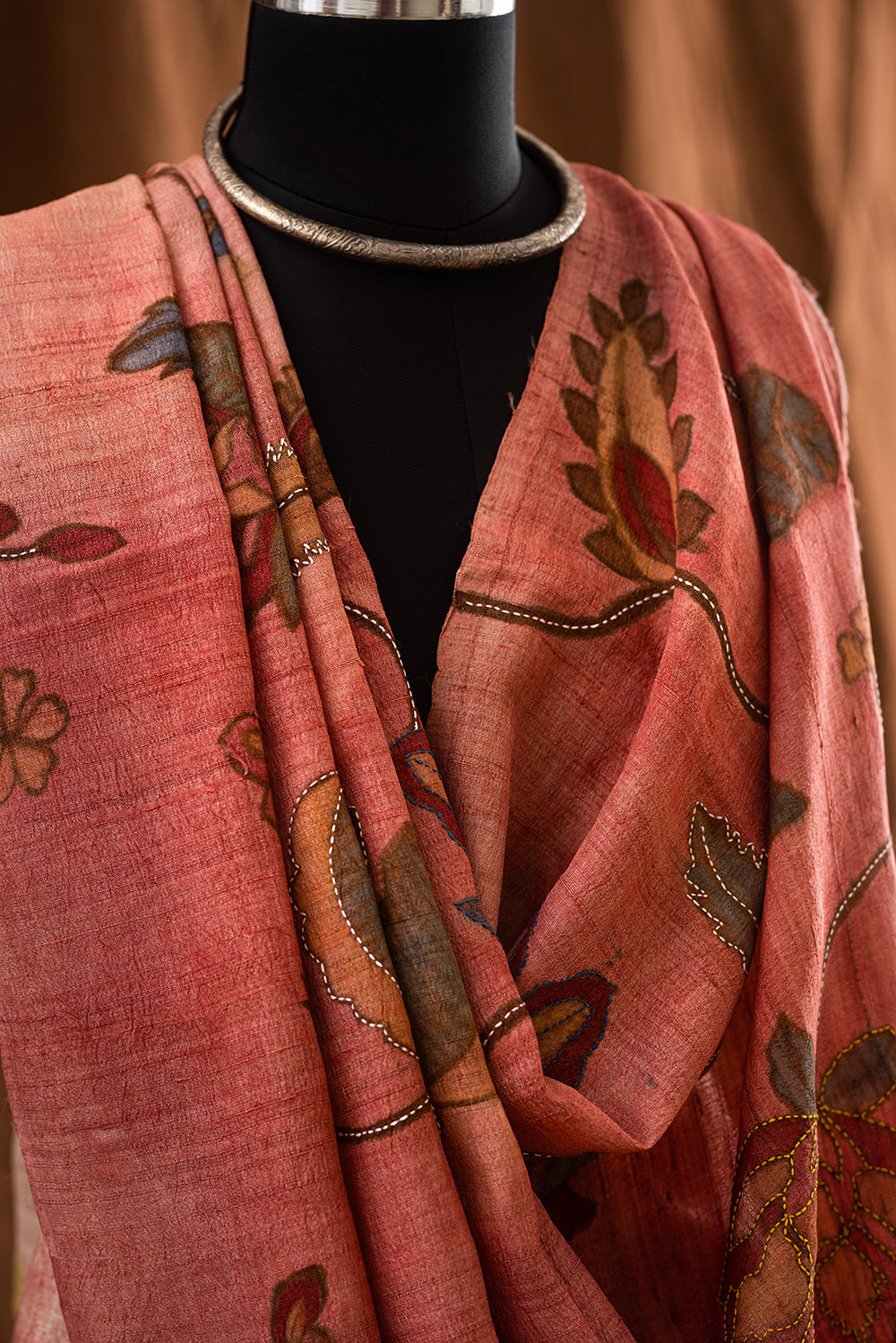 Light Mauve Tussar Silk Eco Print and Hand Paint