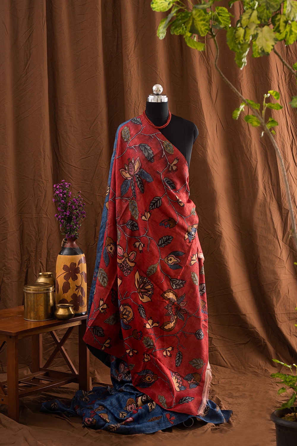 Blue Tussar Silk Hand Paint & Kantha