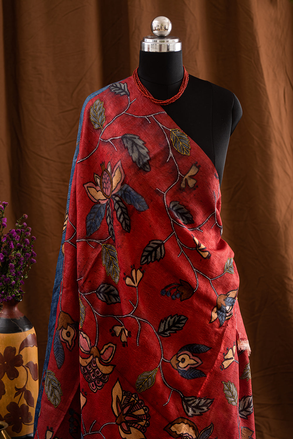 Blue Tussar Silk Hand Paint & Kantha