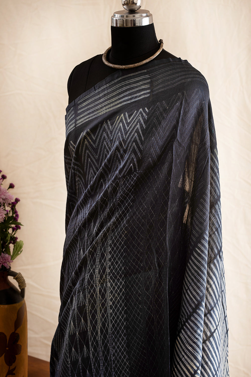 Dark Grey Chanderi Cotton Shibori