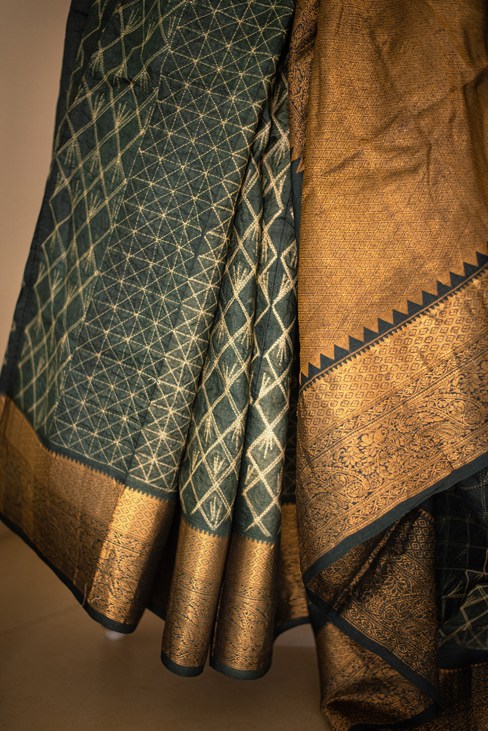 Green & Gold Tussar Silk Shibori