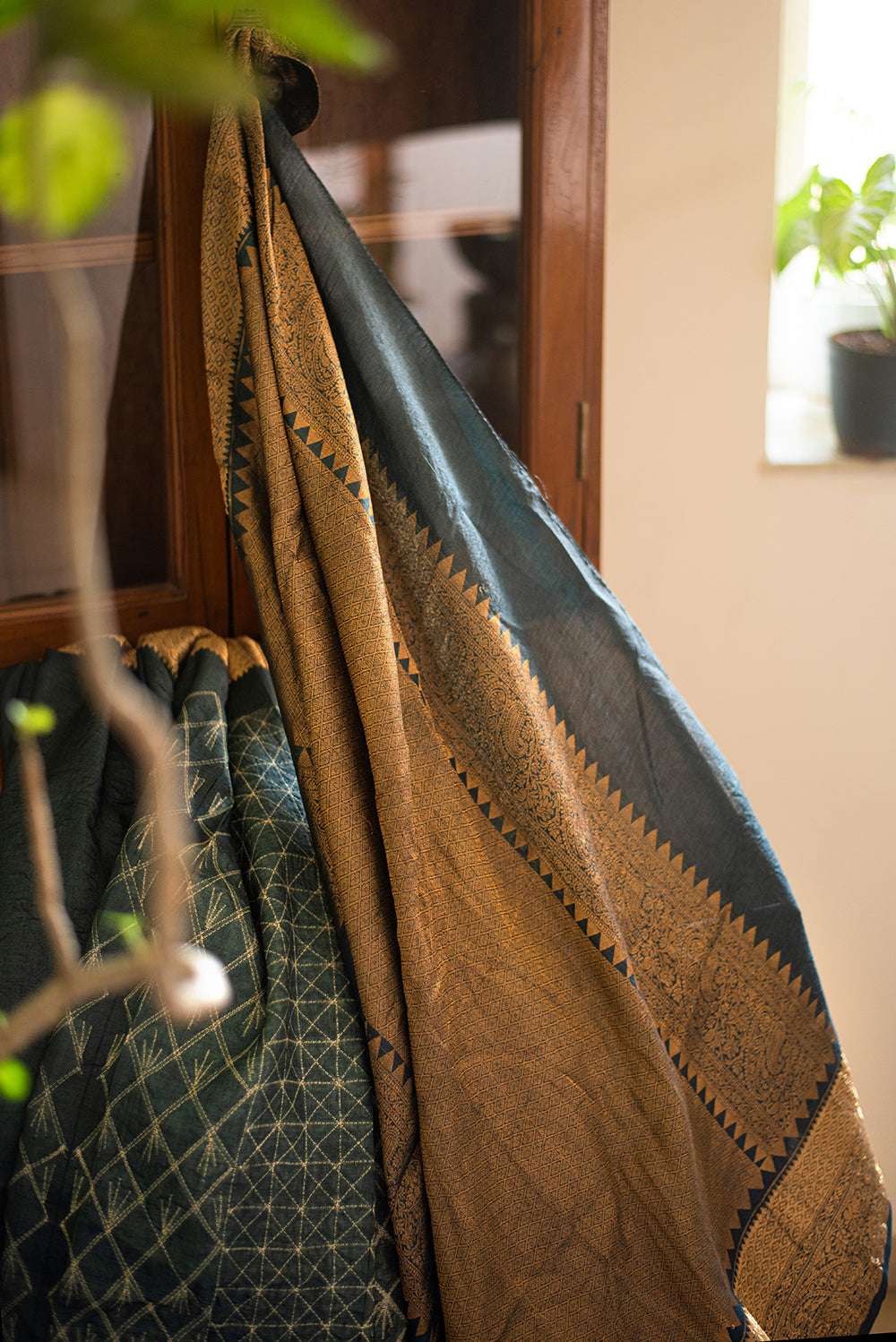 Green & Gold Tussar Silk Shibori