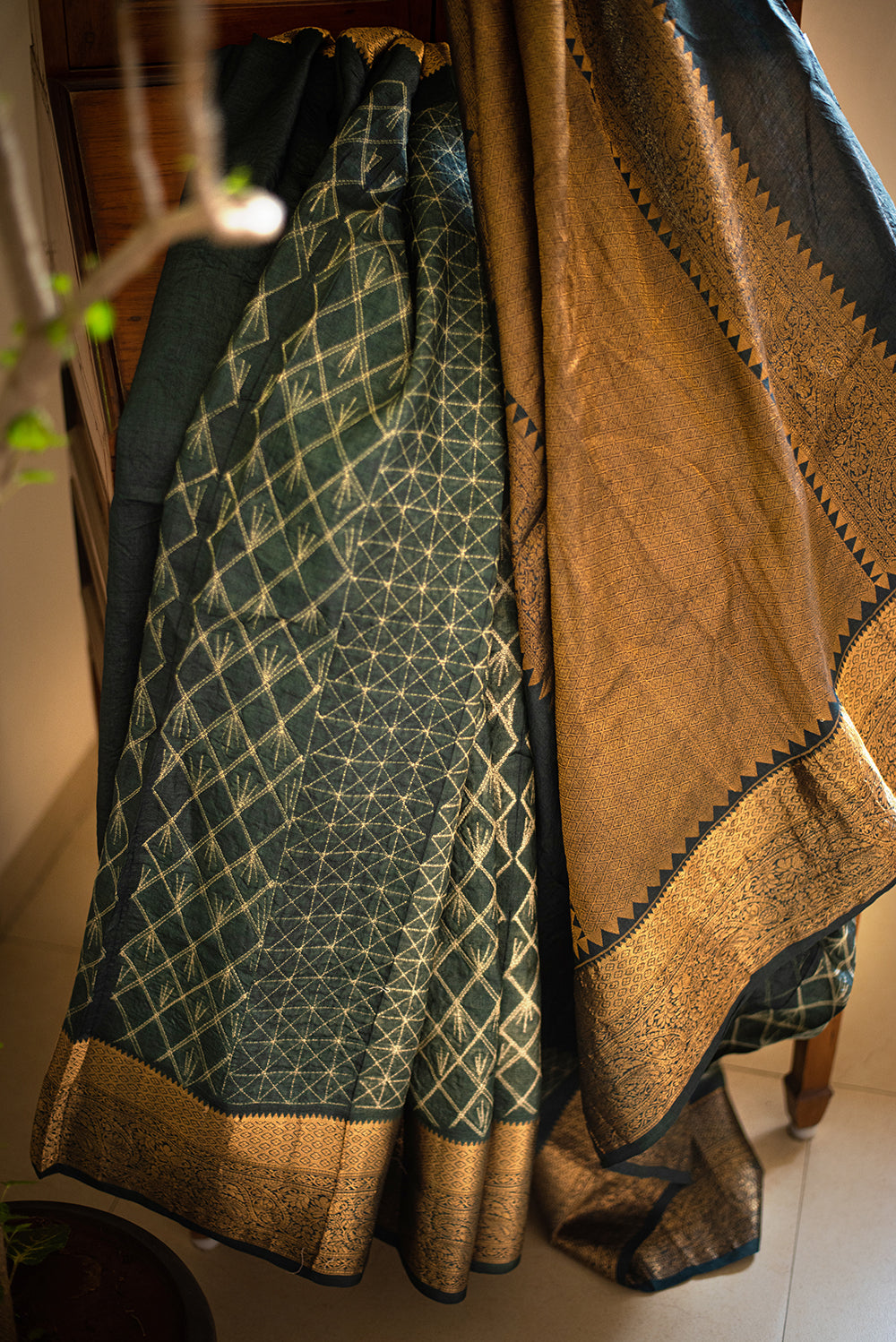 Green & Gold Tussar Silk Shibori