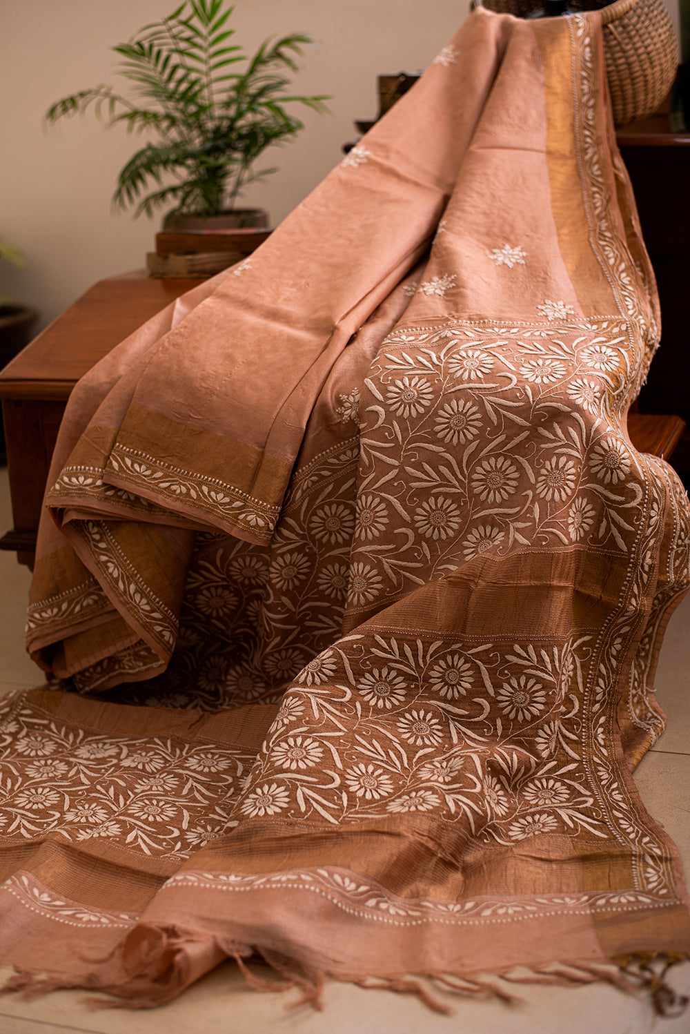 Brown Tussar Silk Chikankari