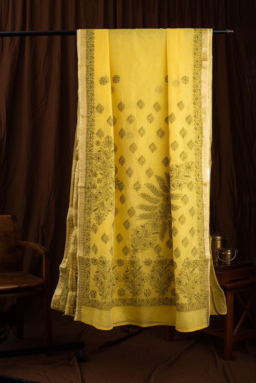 Yellow & Green Chanderi Chikankari