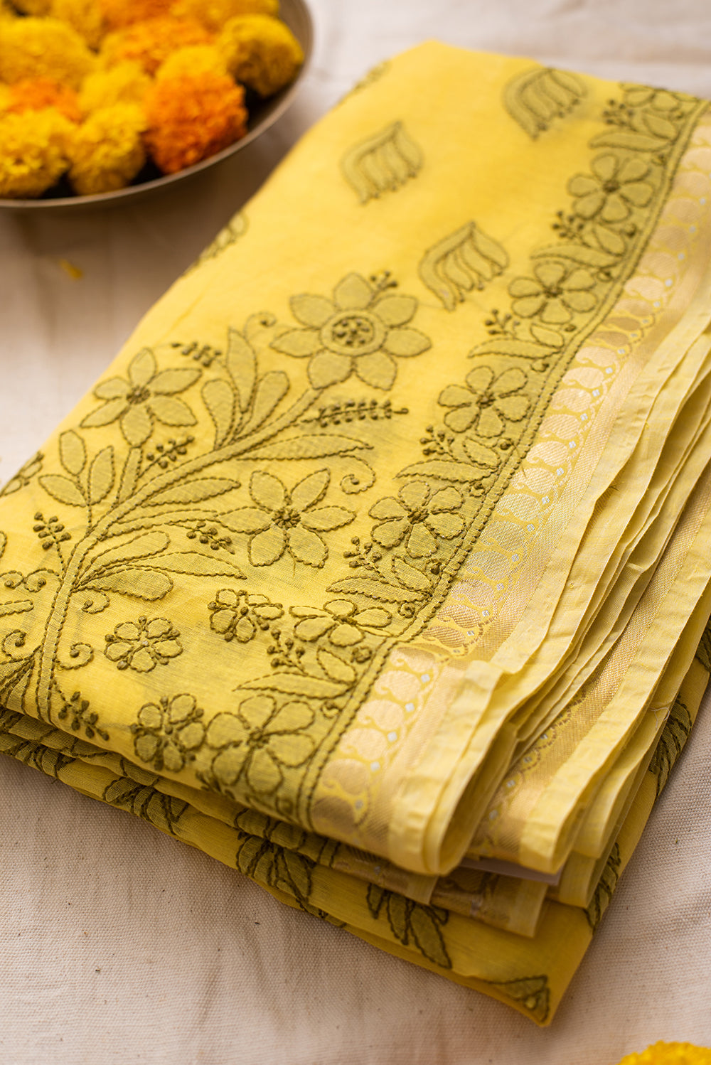 Yellow & Green Chanderi Chikankari