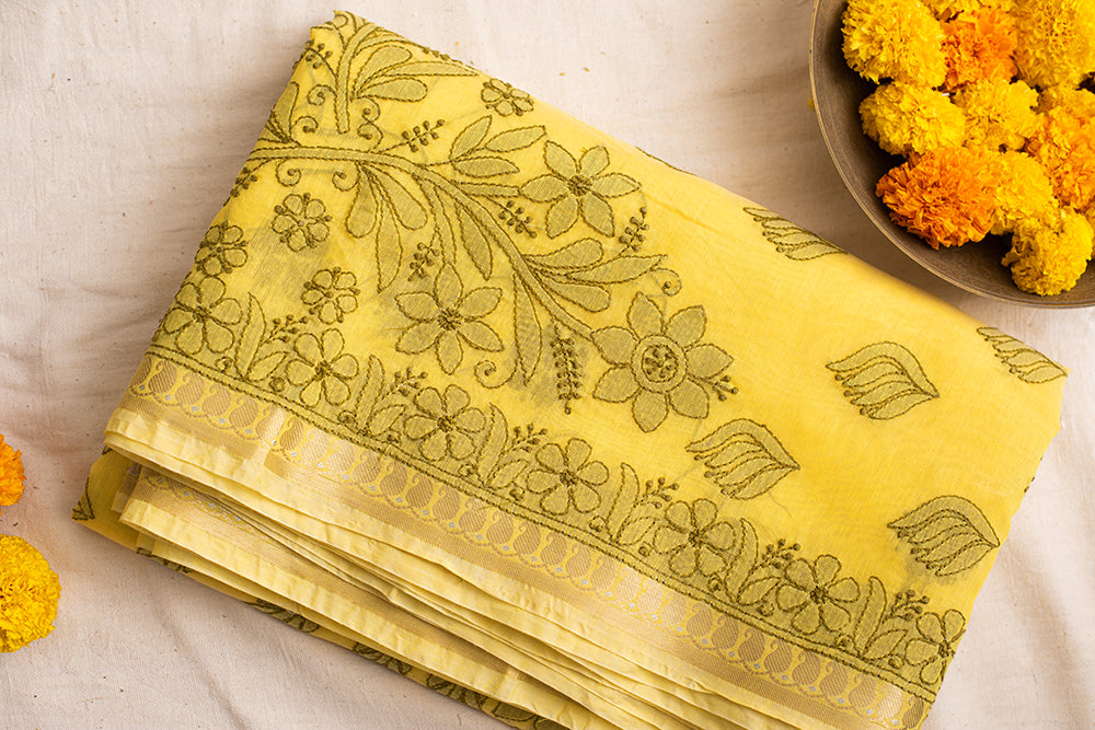 Yellow & Green Chanderi Chikankari