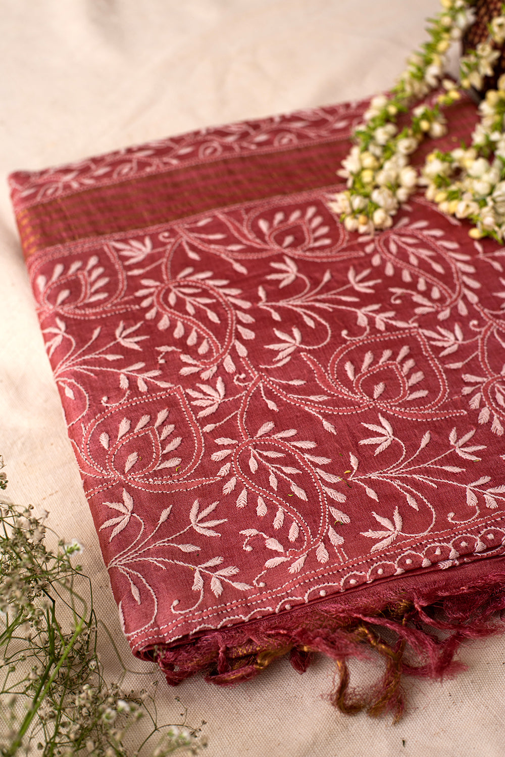 Pink Tussar Silk Chikankari