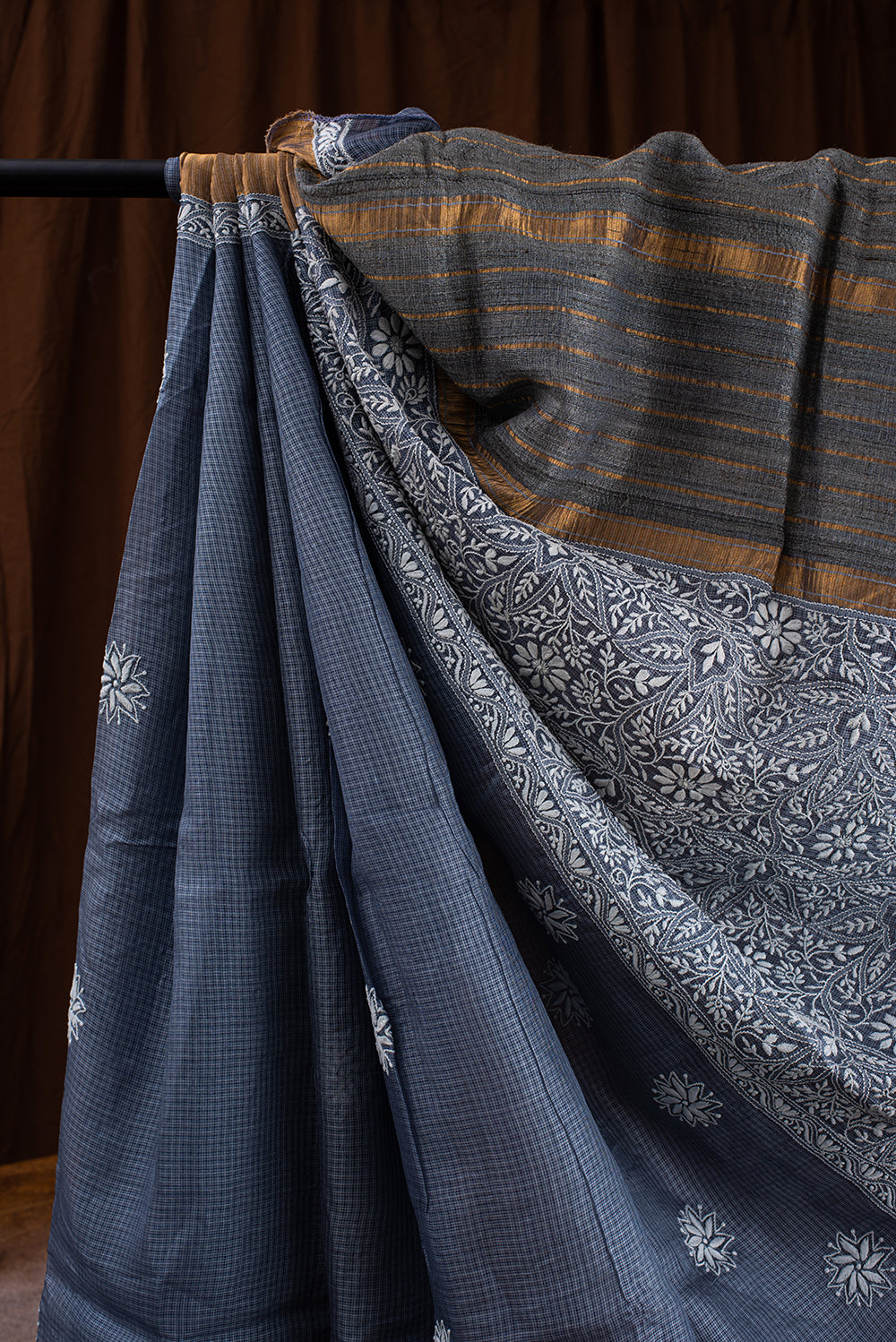 Steel Grey Tussar Silk Chikankari