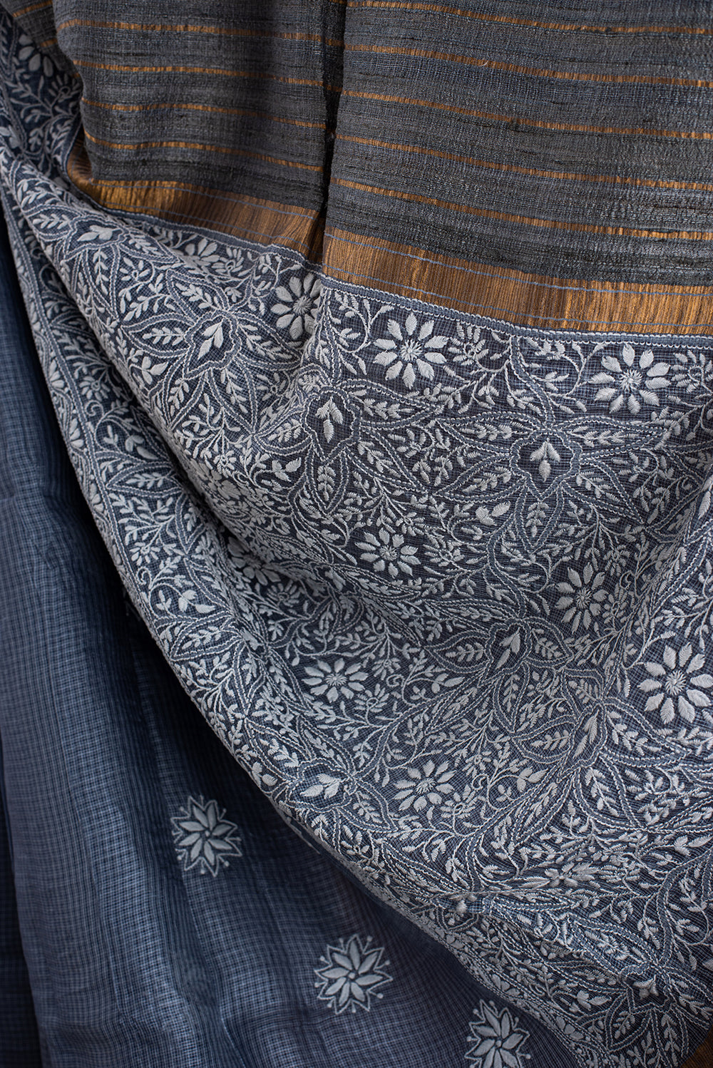Steel Grey Tussar Silk Chikankari
