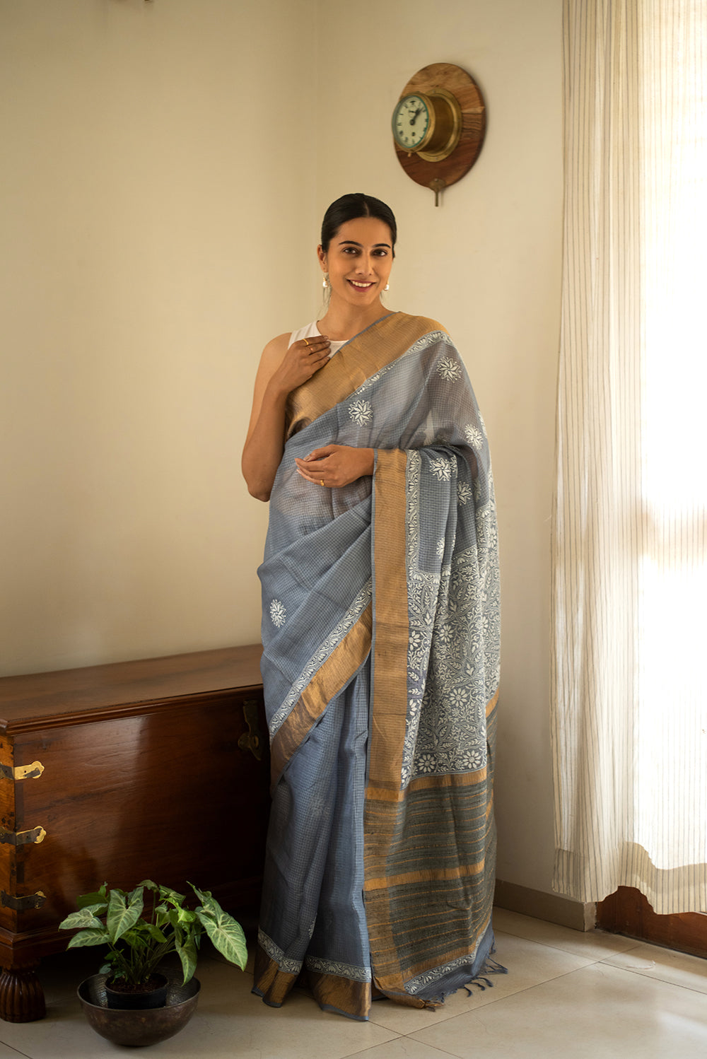 Steel Grey Tussar Silk Chikankari