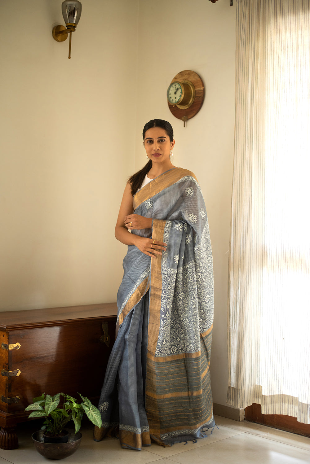 Steel Grey Tussar Silk Chikankari