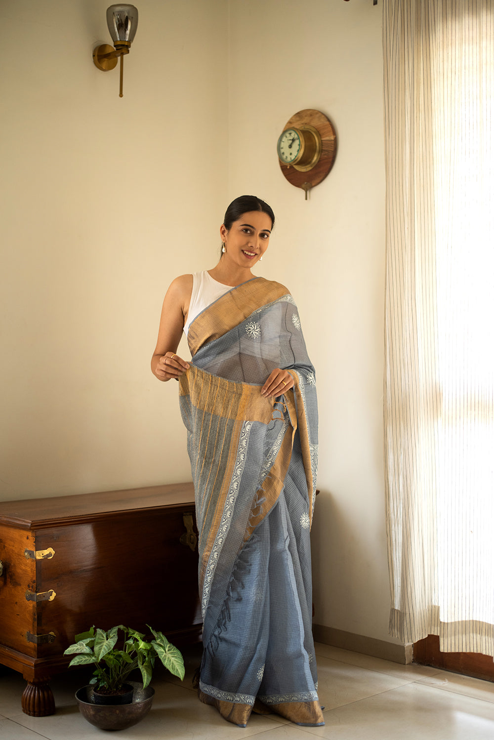 Steel Grey Tussar Silk Chikankari