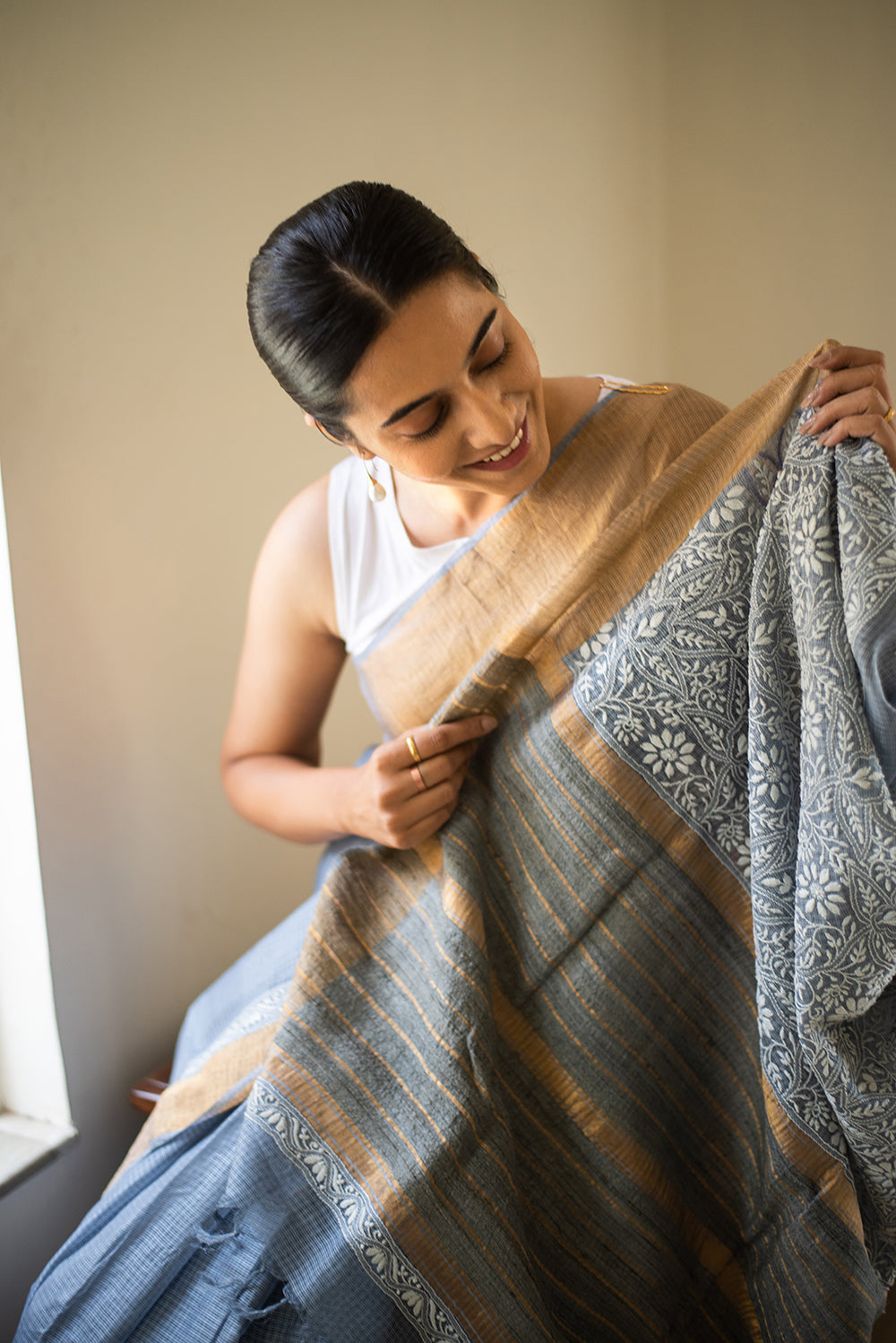 Steel Grey Tussar Silk Chikankari