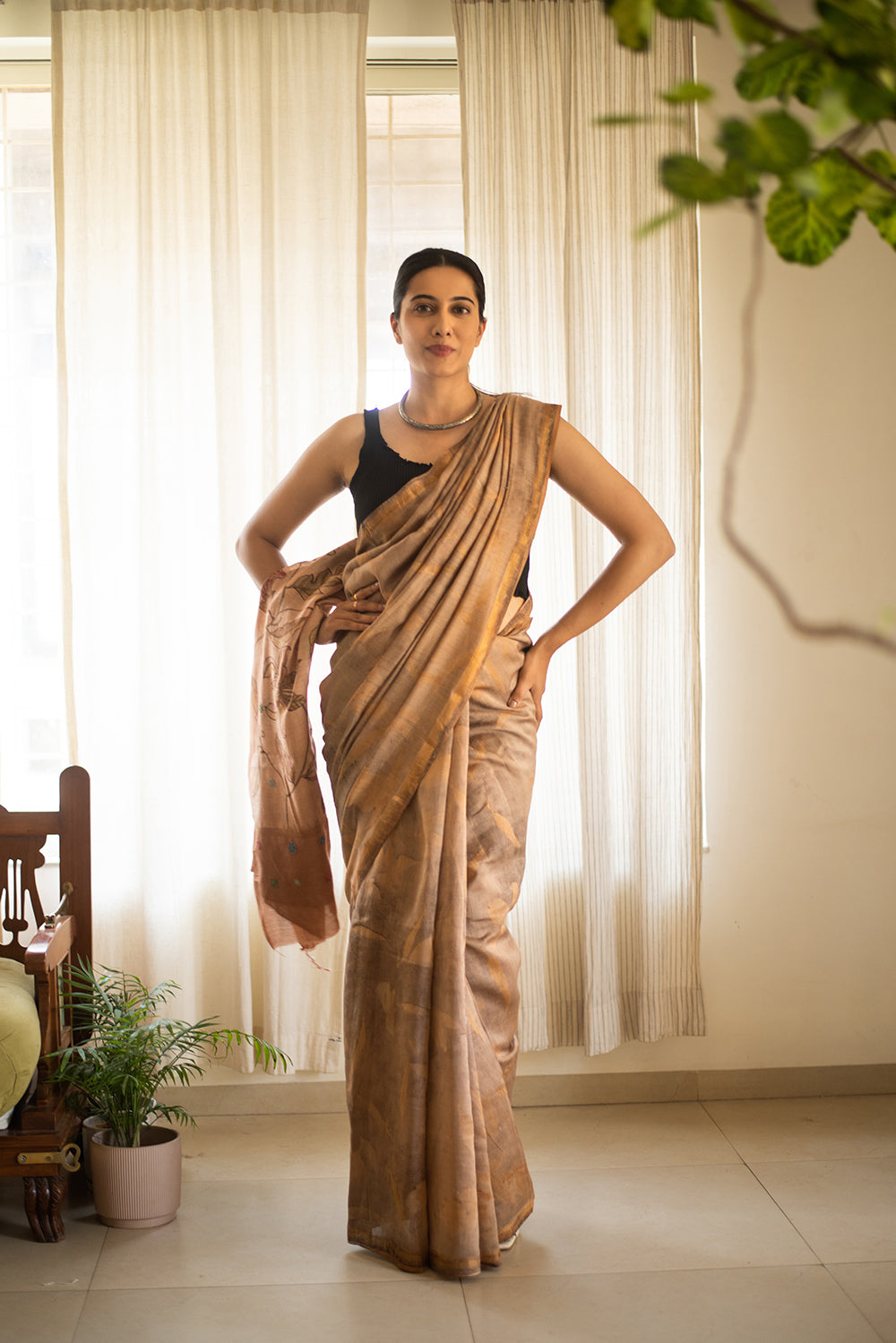 Beige Mulberry Silk Eco Print