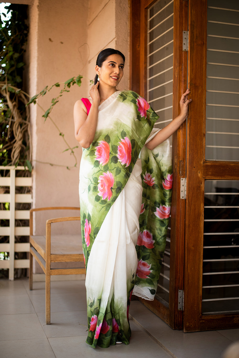 Off White Murshidabad Silk Hand Painted