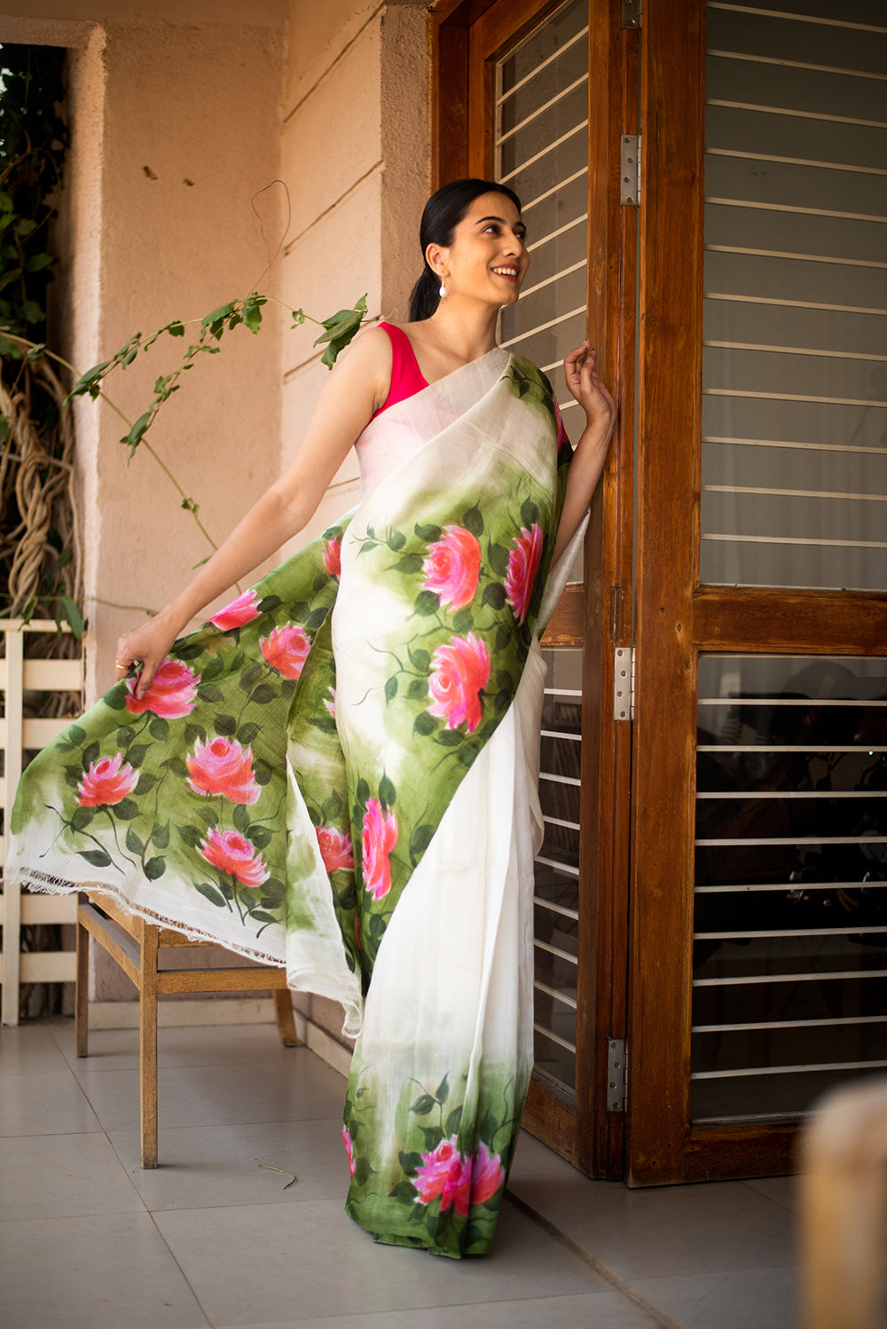 Off White Murshidabad Silk Hand Painted