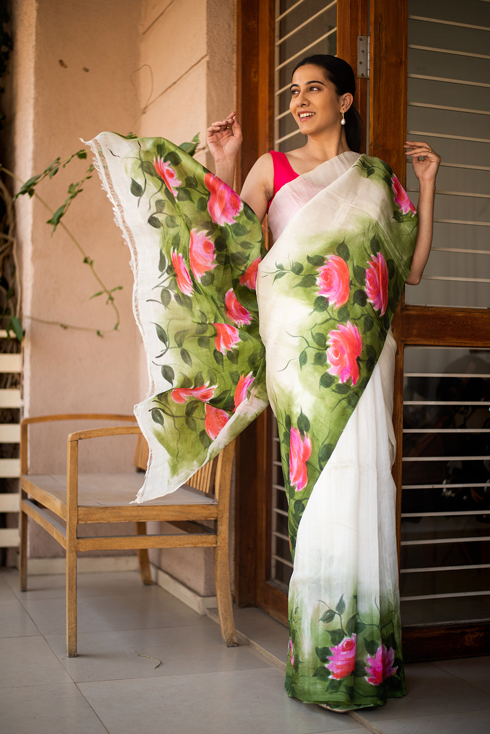 Off White Murshidabad Silk Hand Painted