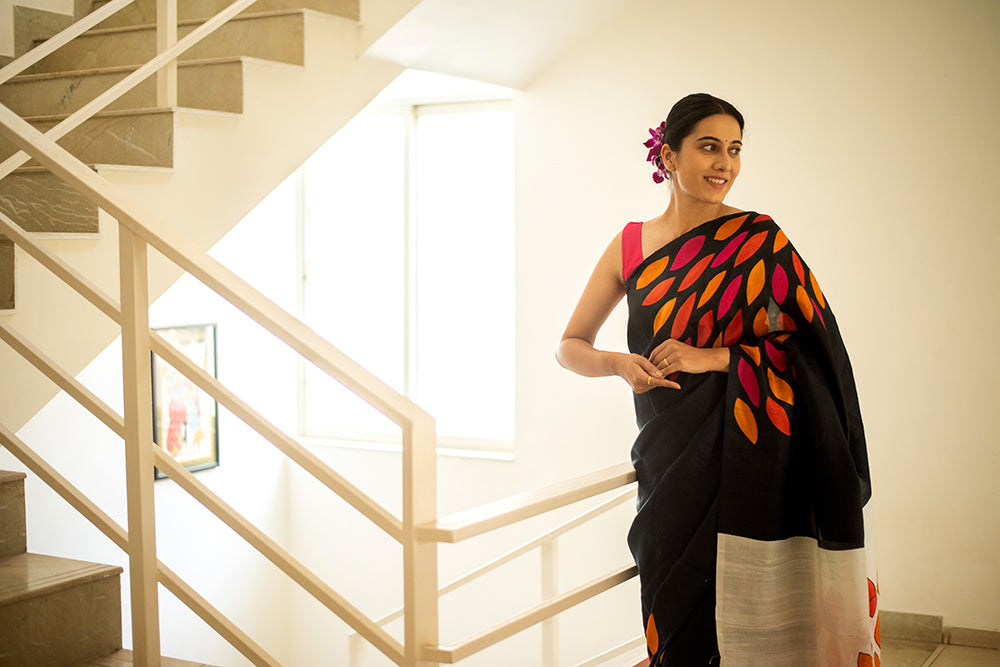 Black Murshidabad Silk Hand Painted