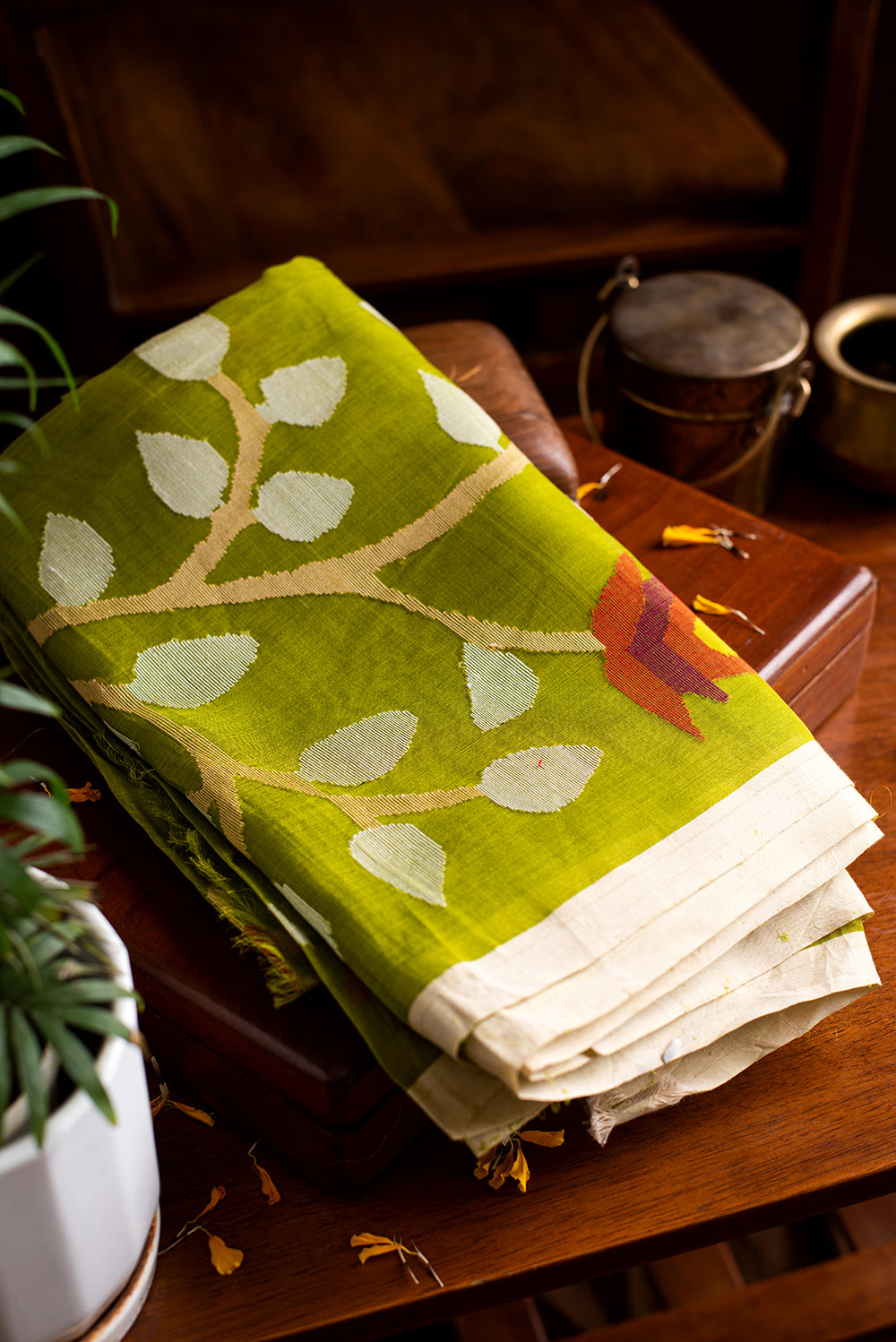 Leaf Green Muslin Silk Jamdani