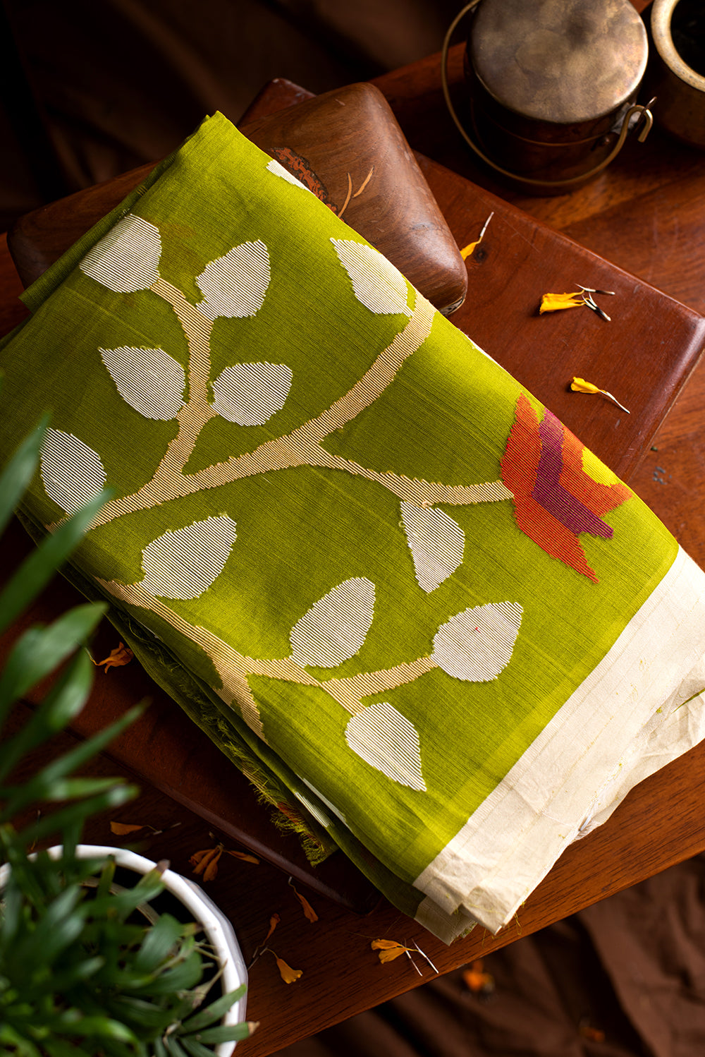 Leaf Green Muslin Silk Jamdani