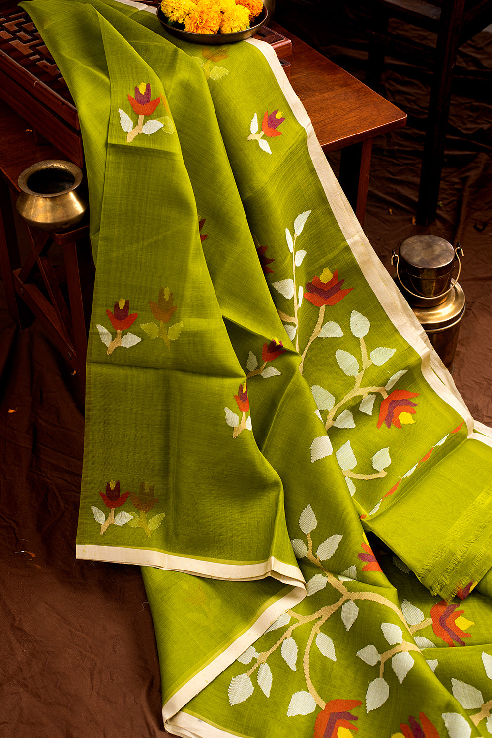 Leaf Green Muslin Silk Jamdani