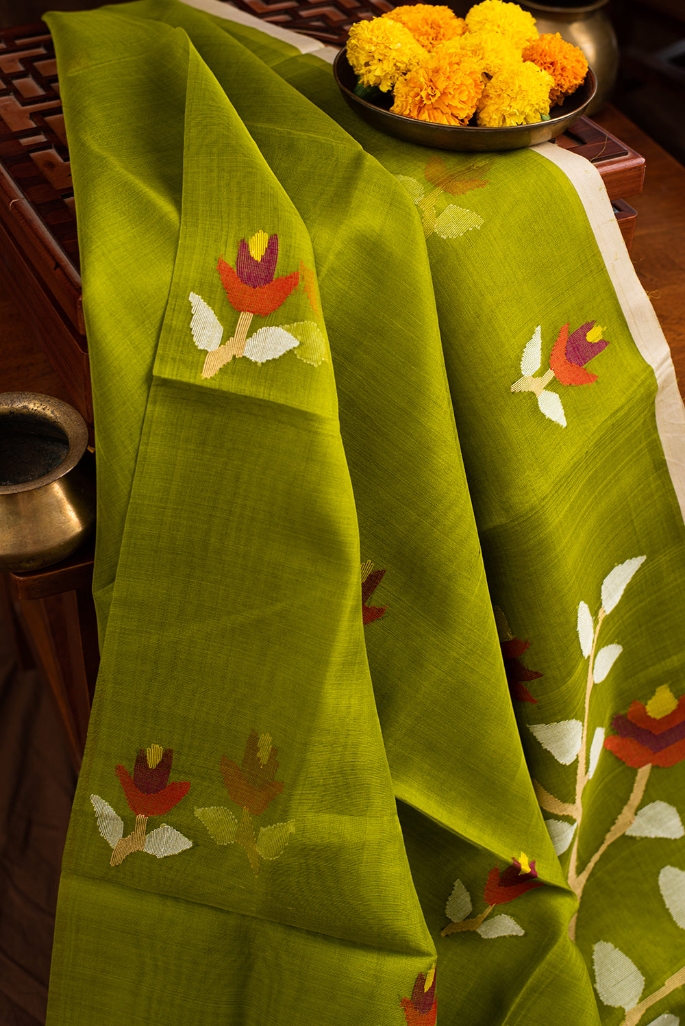 Leaf Green Muslin Silk Jamdani