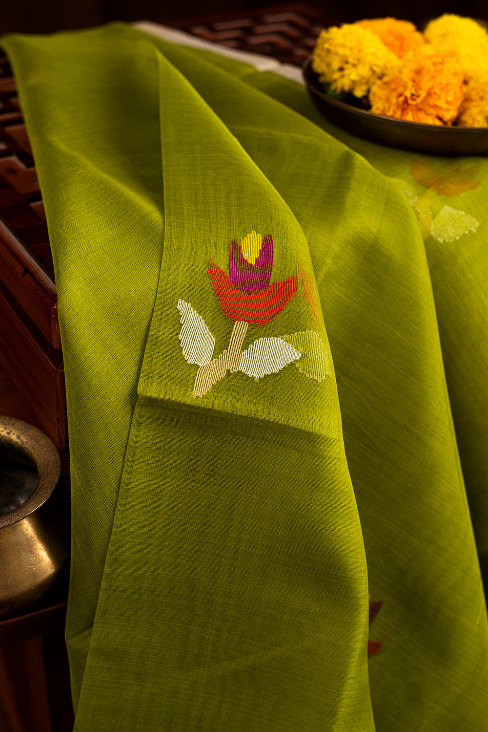 Leaf Green Muslin Silk Jamdani