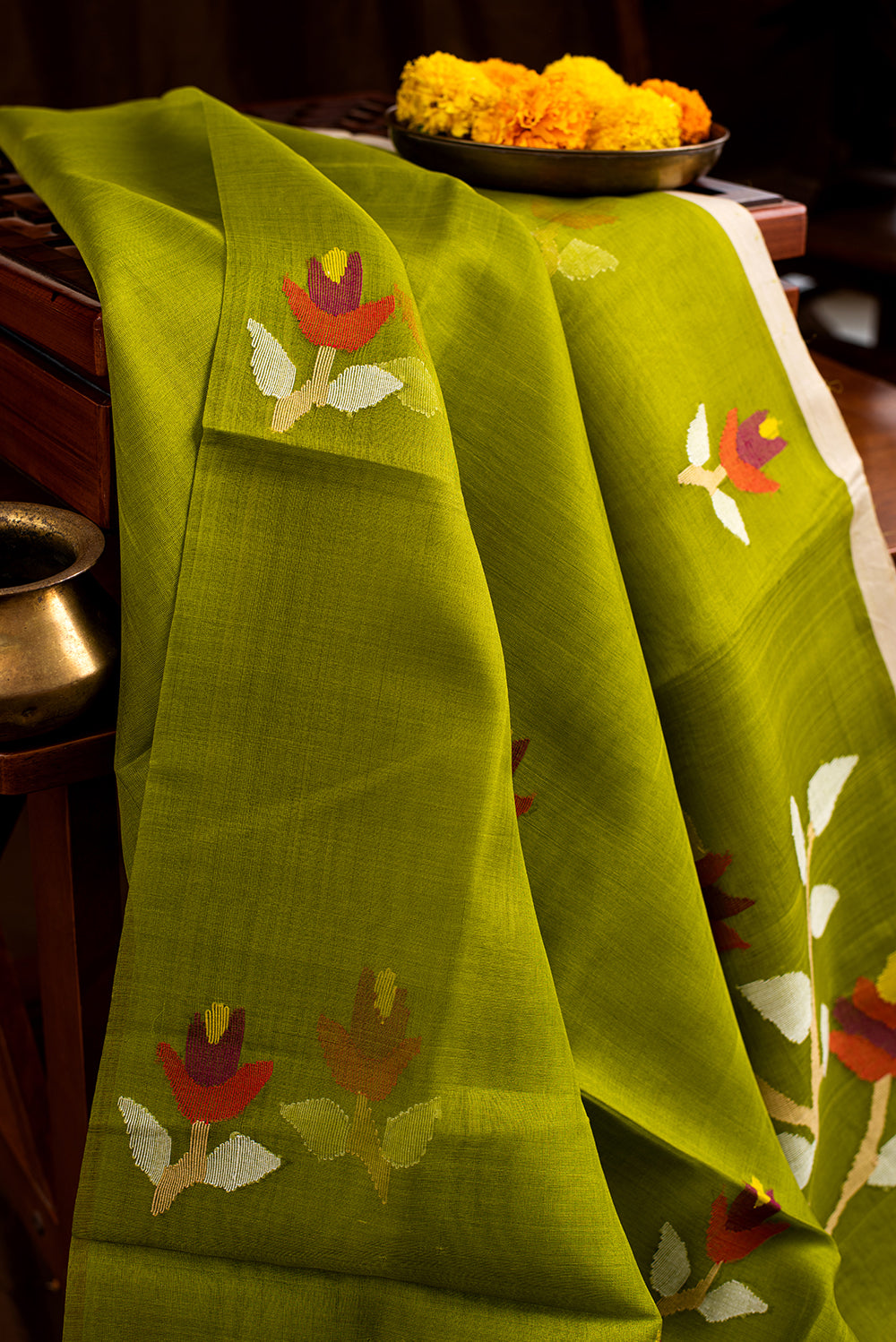 Leaf Green Muslin Silk Jamdani