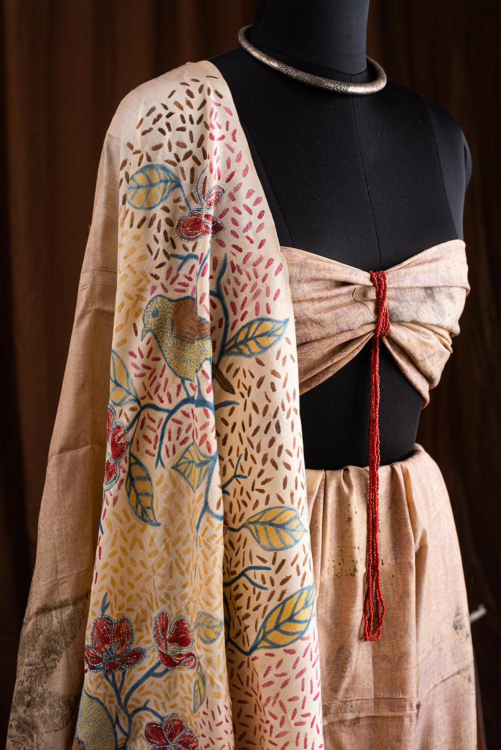 Green & Beige Tussar Silk Eco Print and Hand Paint