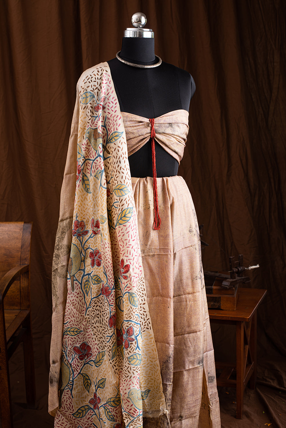 Green & Beige Tussar Silk Eco Print and Hand Paint