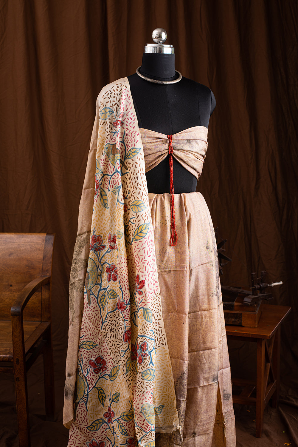 Green & Beige Tussar Silk Eco Print and Hand Paint