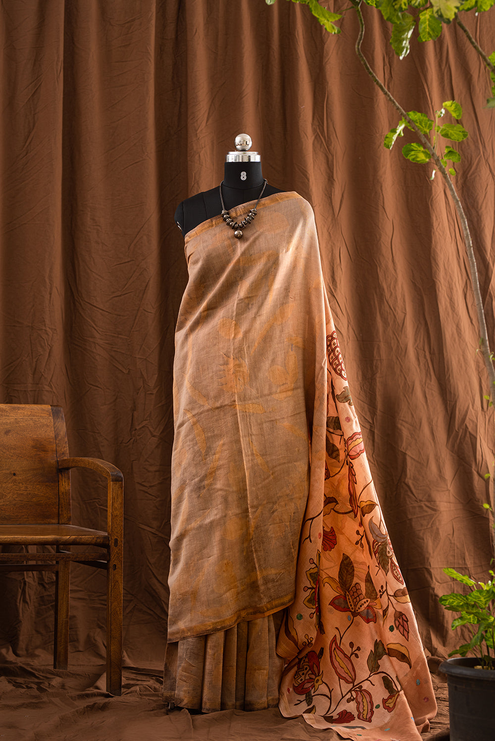 Grey & Brown Tussar Silk Eco Print and Hand Paint