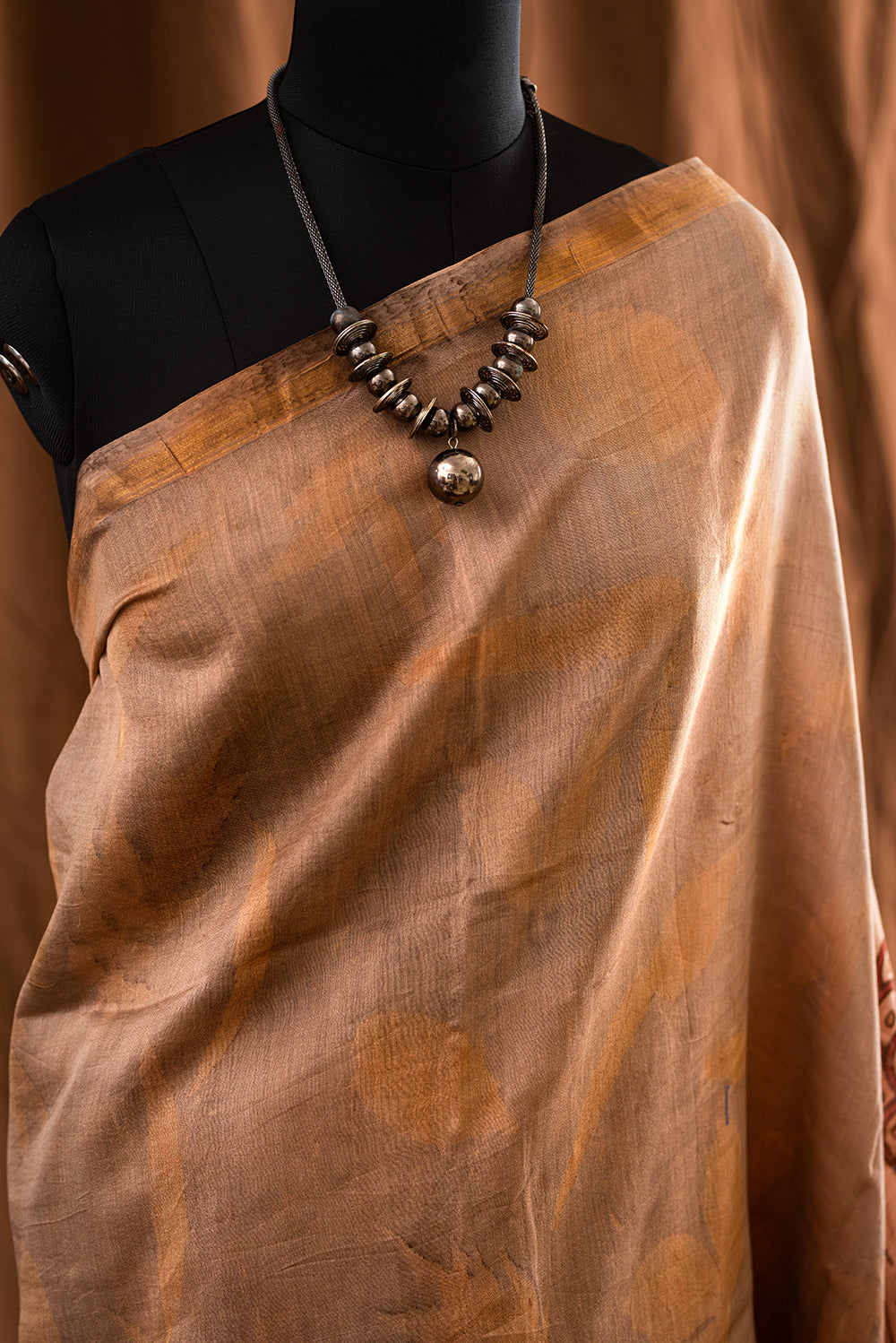 Grey & Brown Tussar Silk Eco Print and Hand Paint
