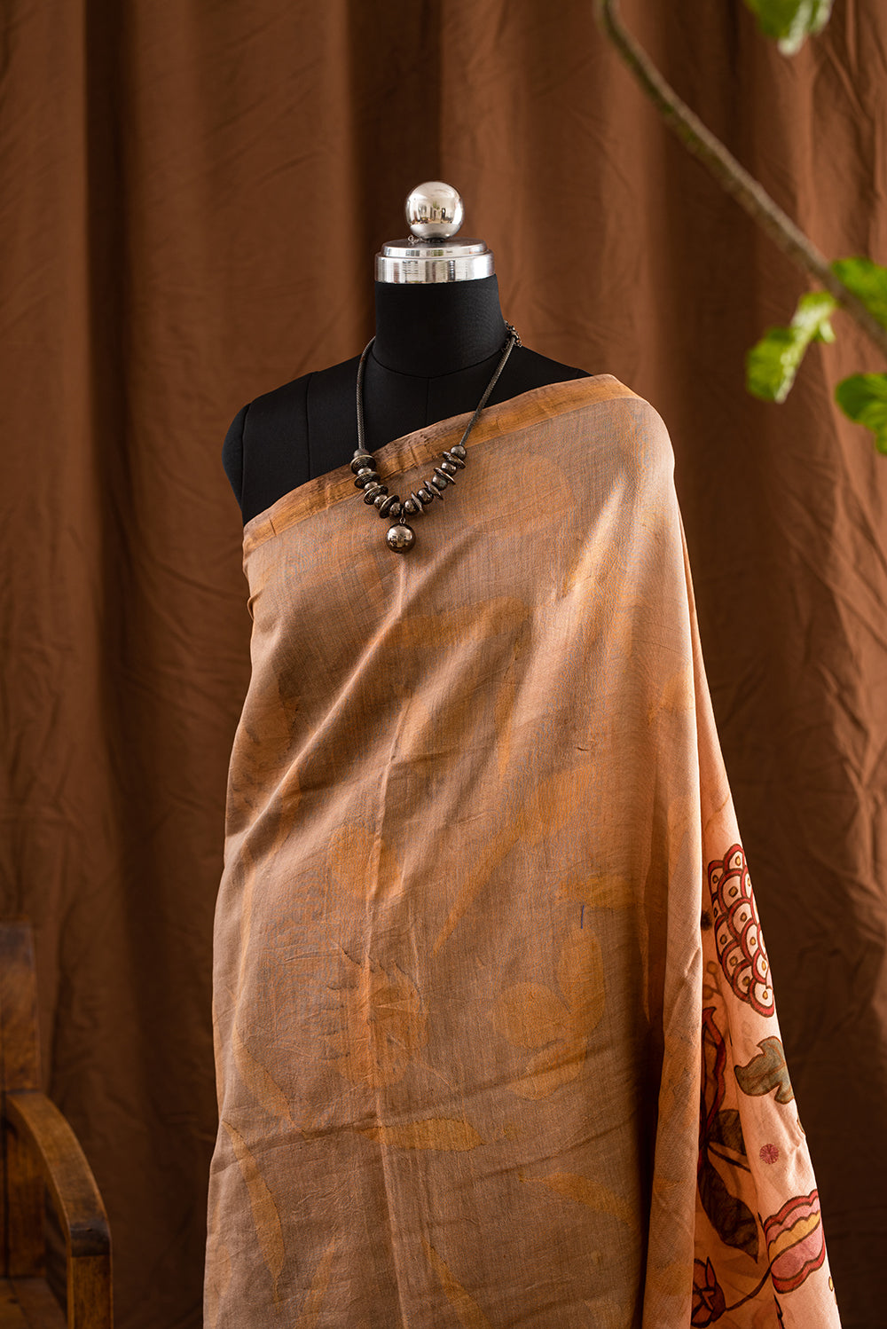 Grey & Brown Tussar Silk Eco Print and Hand Paint