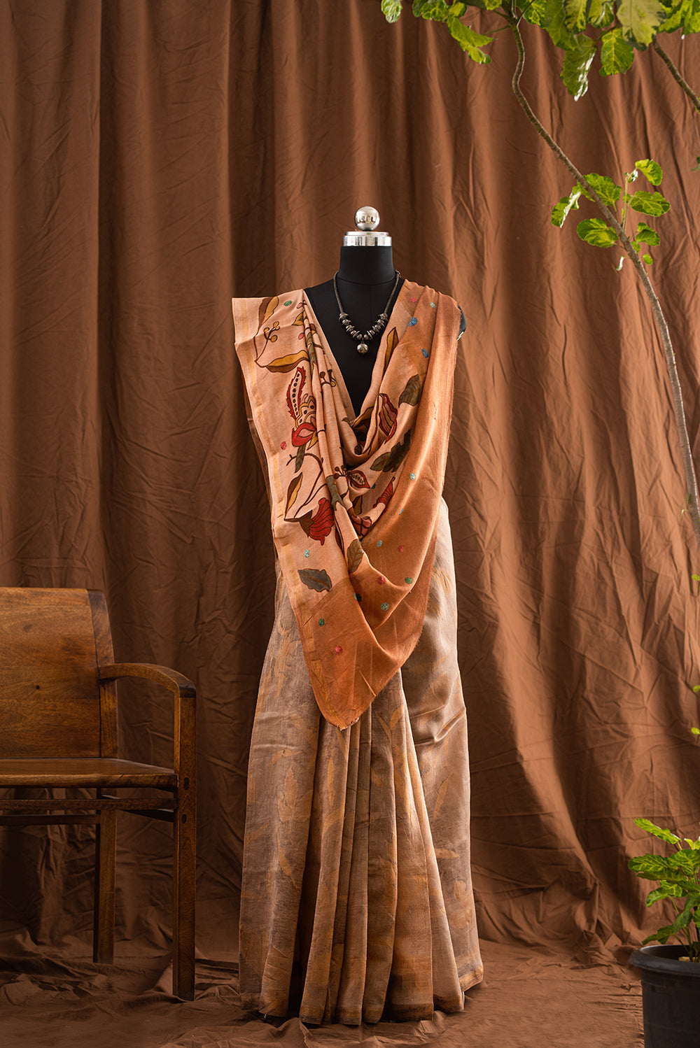 Grey & Brown Tussar Silk Eco Print and Hand Paint