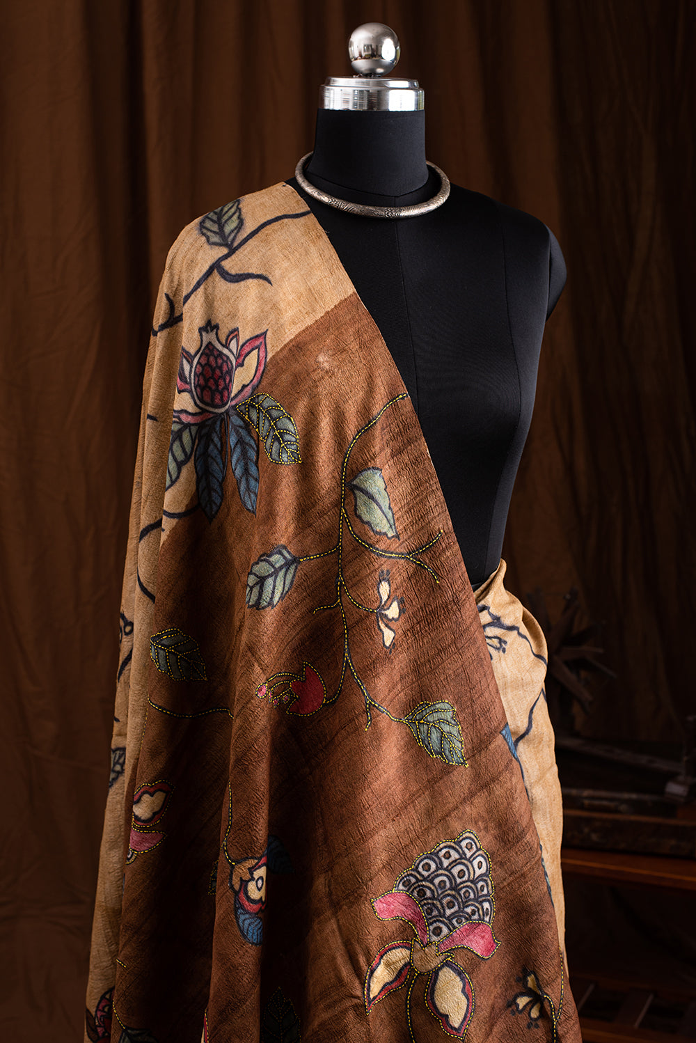 Brown Tussar Silk Hand Painted