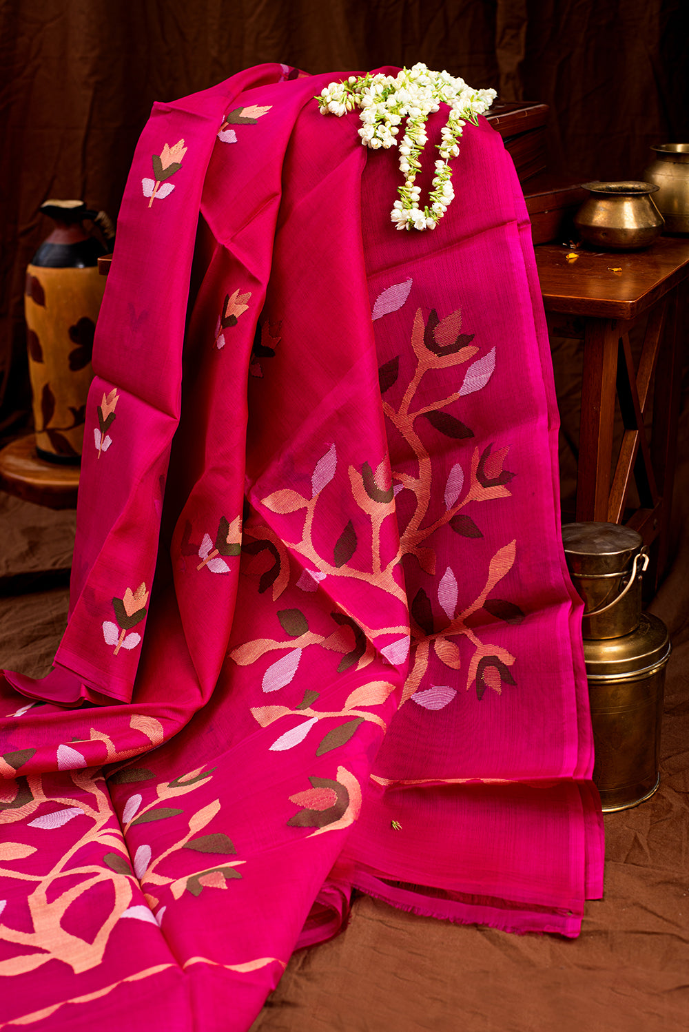 Bright Pink Muslin Silk Jamdani