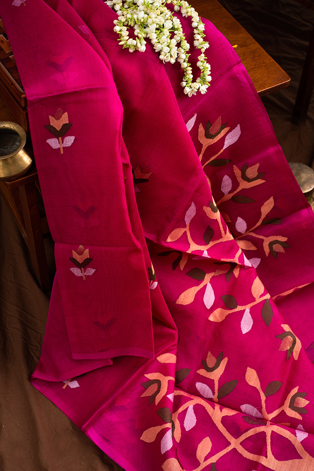 Bright Pink Muslin Silk Jamdani