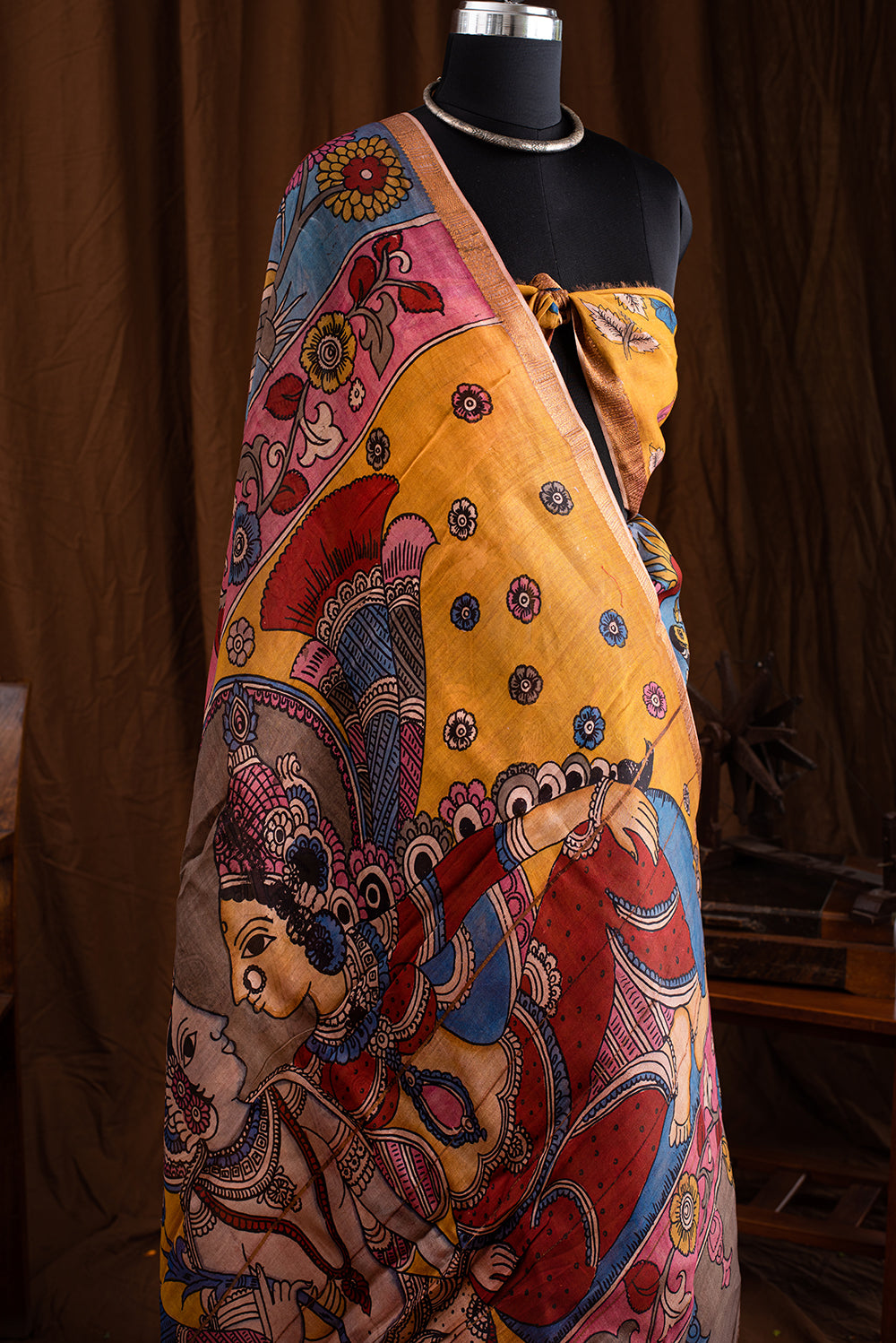 Yellow Brown Tussar Silk Eco Print and Hand Paint