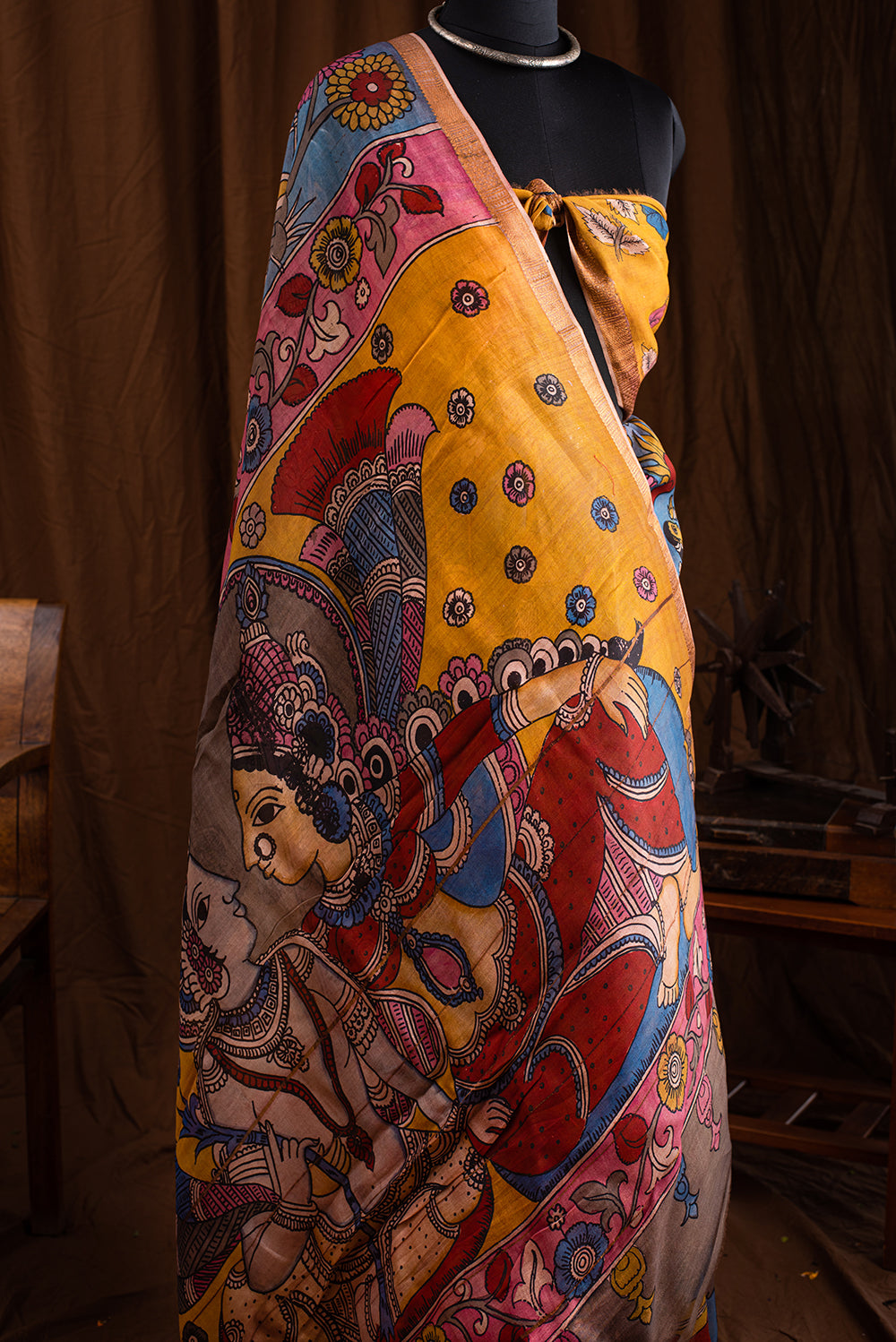 Yellow Brown Tussar Silk Eco Print and Hand Paint